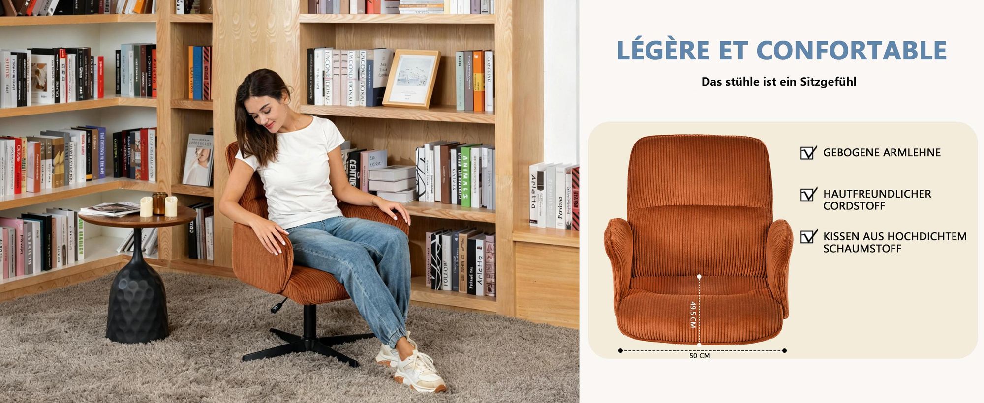 Meubles Cosy Ergonomischer verstellbarer Drehstuhl mit Armlehnen aus rotem Cord – THOMASINA