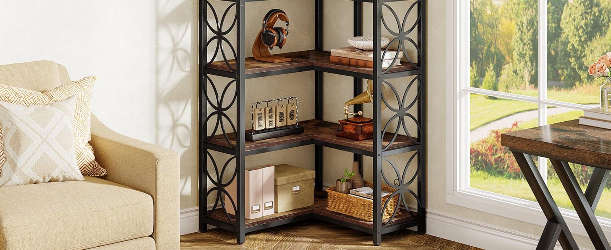Tribesigns Bücherregal, 7-stöckiges hohes Eckbücherregal aus Holz mit Metallrahmen, freistehendes Eckregal Wohnzimmer, Küche, rustikales Braun Schwarz