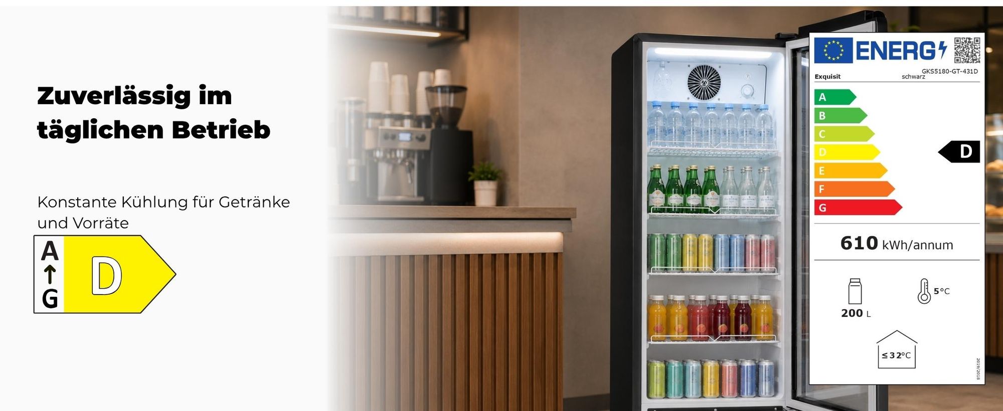Exquisit Glastürkühlschrank, 200l Getränkekühlschrank mit LED, Umluft, 3 verstellbare Ablagen, CoolPro, GKS5180-GT-431D schwarz