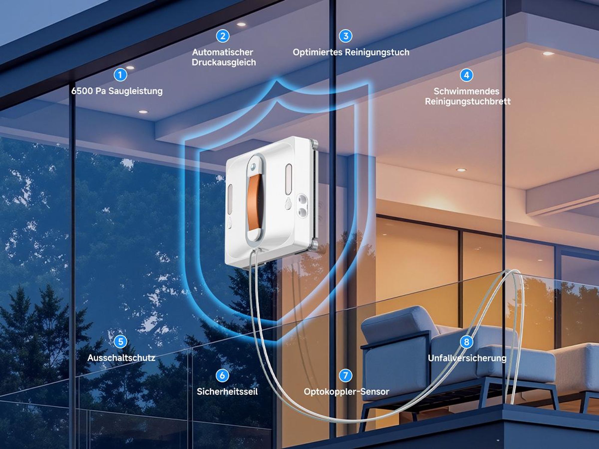 Lubluelu Smart Fensterputzroboter, 7.5KPa Saugkraft, Automatische Routenplanung, Kantenreinigung, Waschbare Mikrofasertücher, Doppelseitige Sprühdüsen