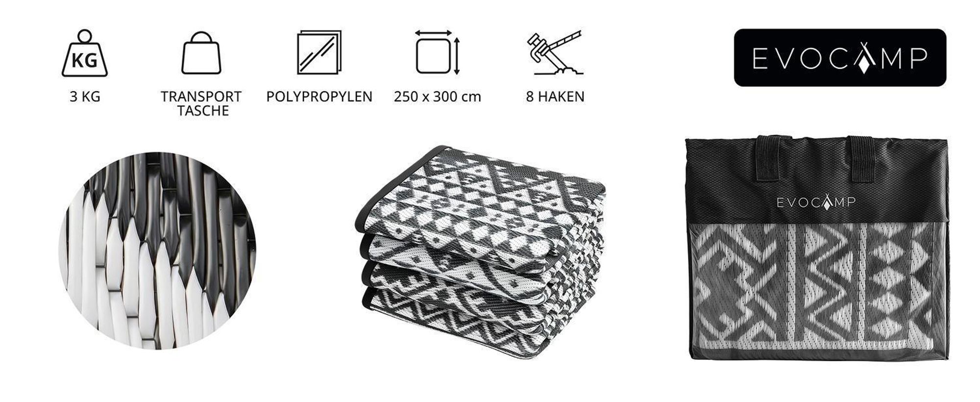 Set-Übersicht: Teppich, Tasche und 8 Haken.