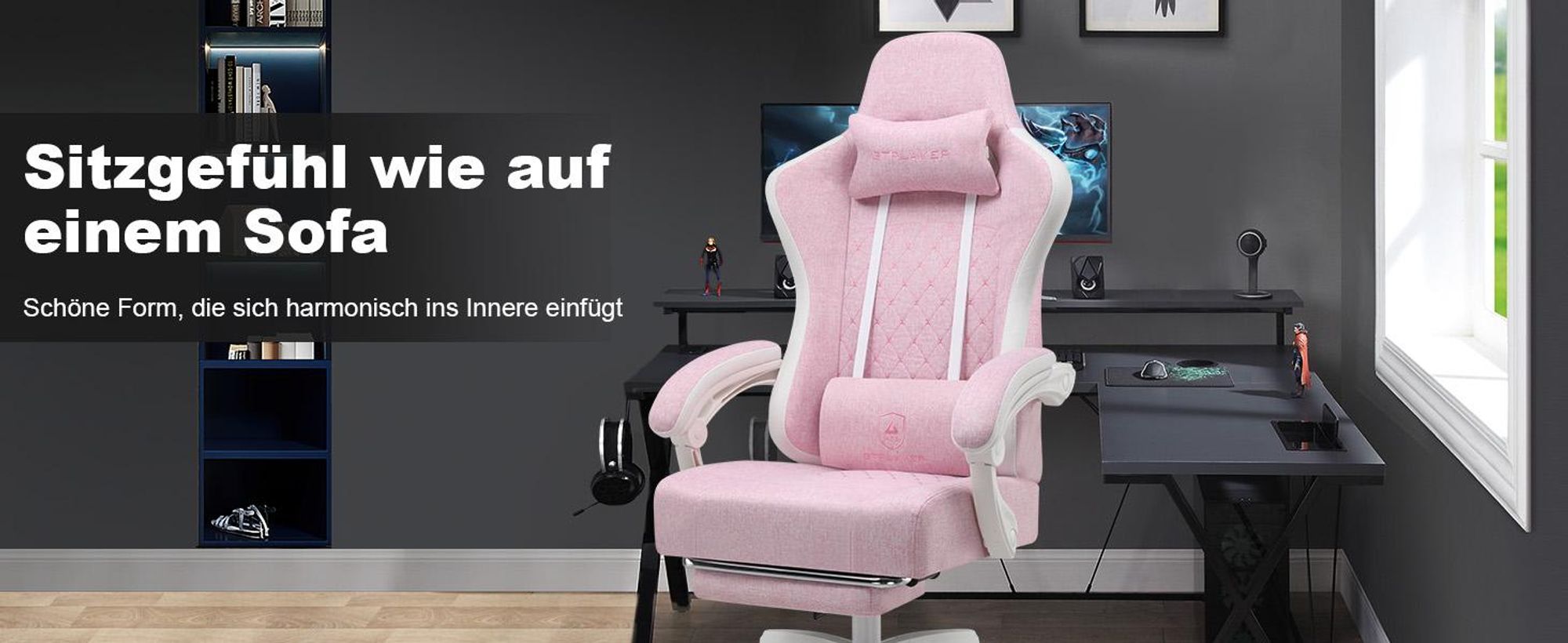 GTPLAYER Herní židle Ergonomické herní křeslo Stolní židle PC Gamer Závodní židle s látkovým povrchem, péřový sedák s podnožkou bílá růžová