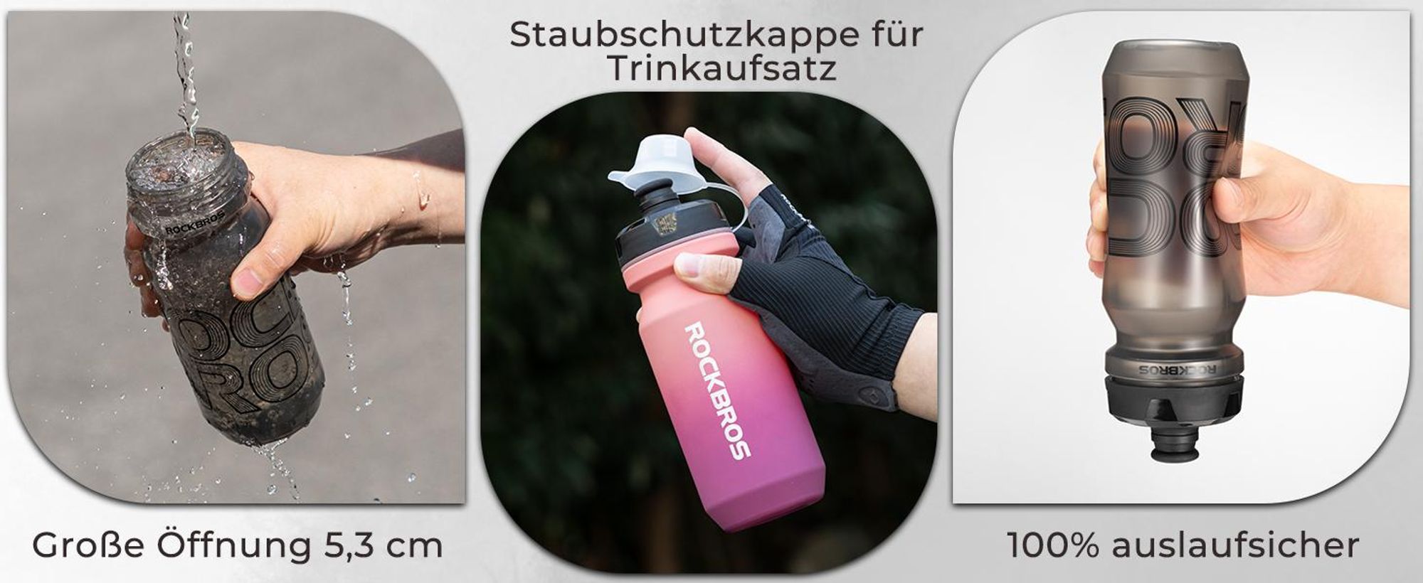 ROCKBROS Trinkflasche Auslaufsicher,  Fahrradflasche für Radfahren, Wasserflasche Einhandöffnung Sichere Verriegelung, Grau, 600 Milliliter