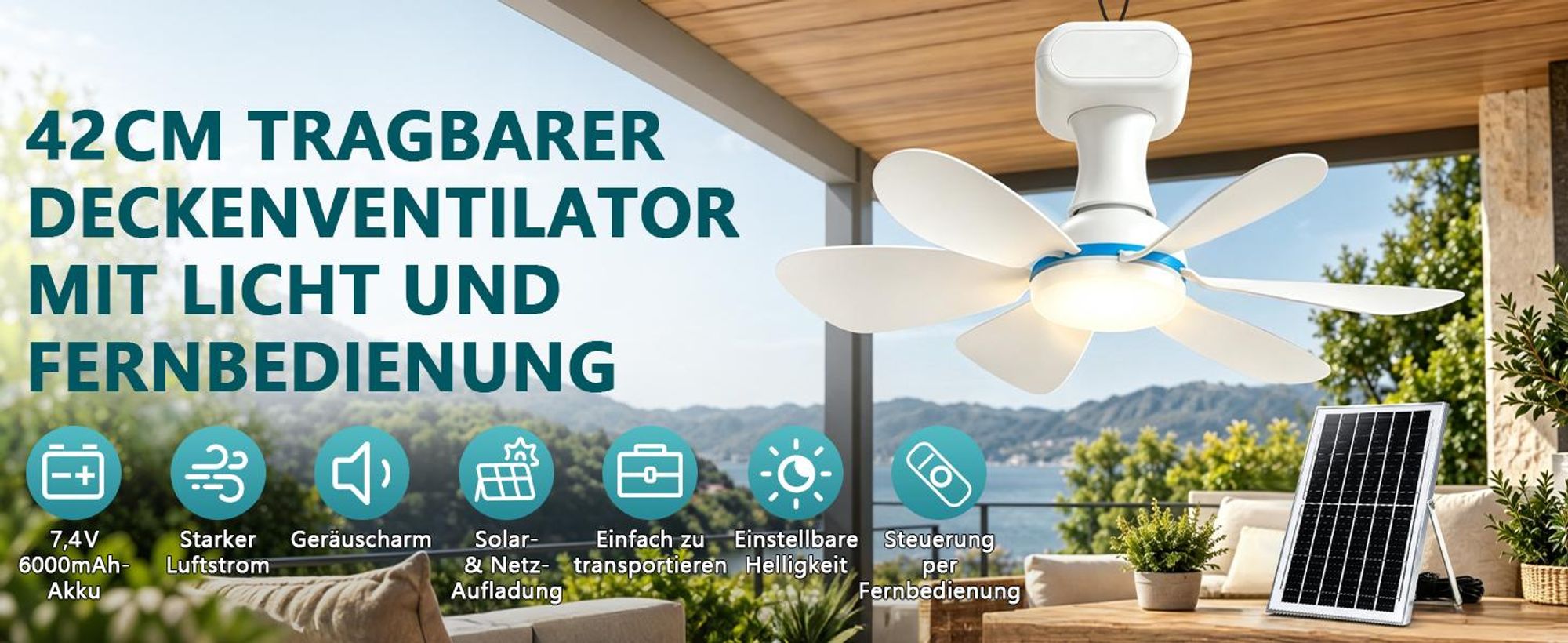 Solar Deckenventilator mit Beleuchtung, 13W Solarpanel & 6000mAh Akku, 3 Stufen Camping Ventilator mit Timer FB für Outdoor, Pavillon, Gewächshäuser