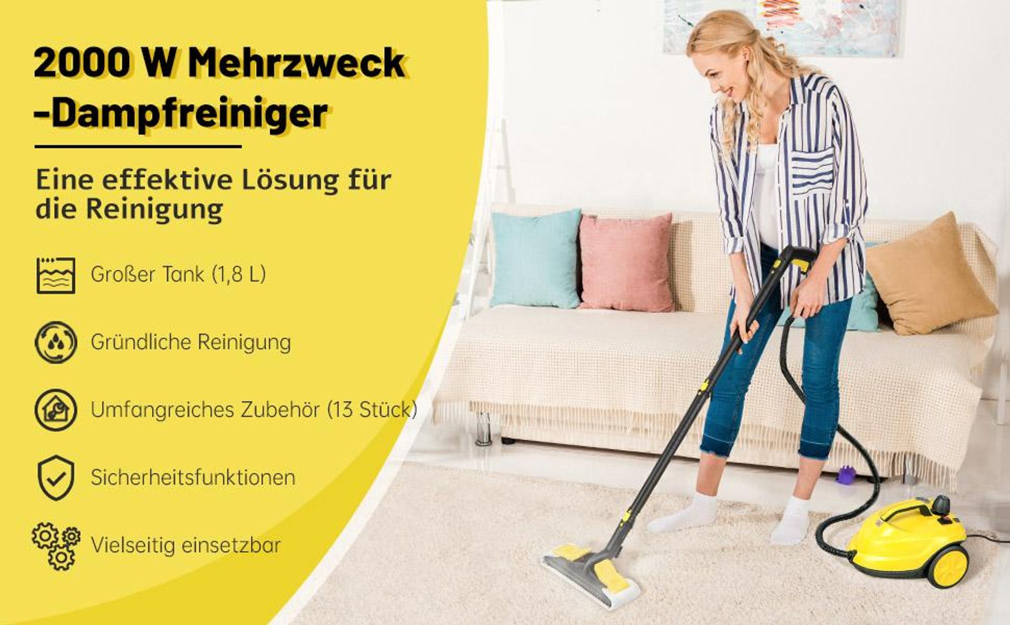 COSTWAY Dampfreiniger 2000W für 108 m², 5 bar Dampfdruck, Temperatur bis 160℃, 1,8L Tank, 8 Min. Aufheizzeit, Dampfgeräte mit 13 Zubehör & Netzkabel