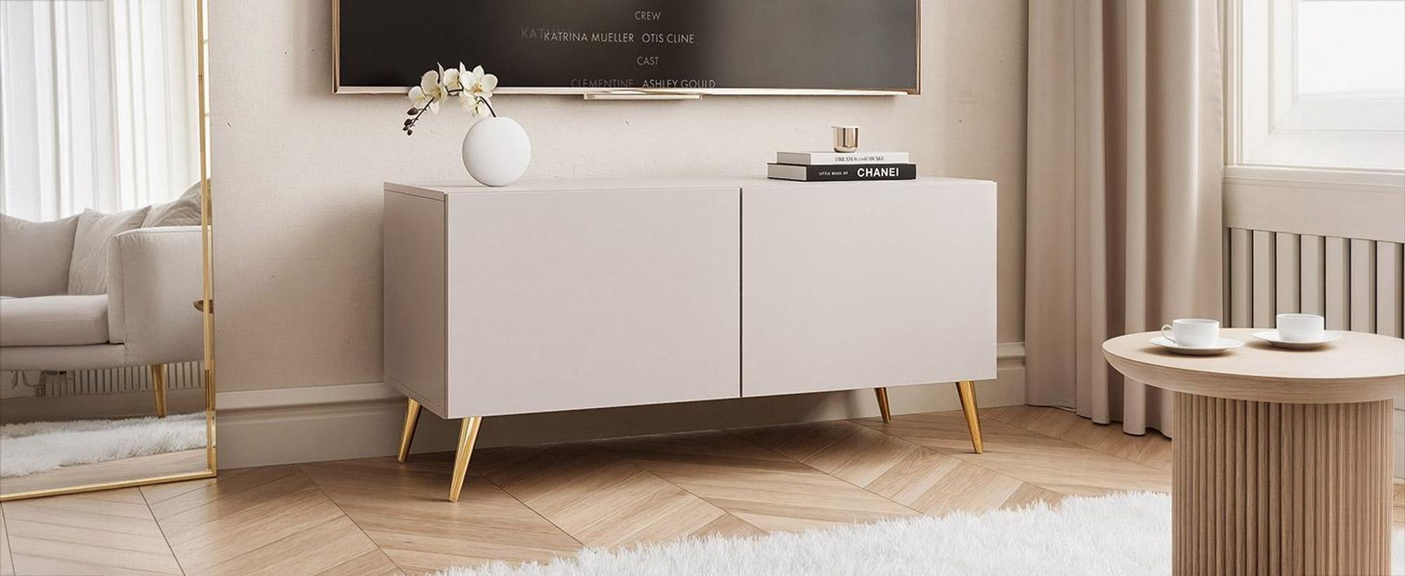 Idohome TV Lowboard Angel 100 cm Kaschmir – Schrank mit LED-Beleuchtung, Fernsehschrank auf goldfarbenen Metallbeinen, Medienmöbel, Push to Open