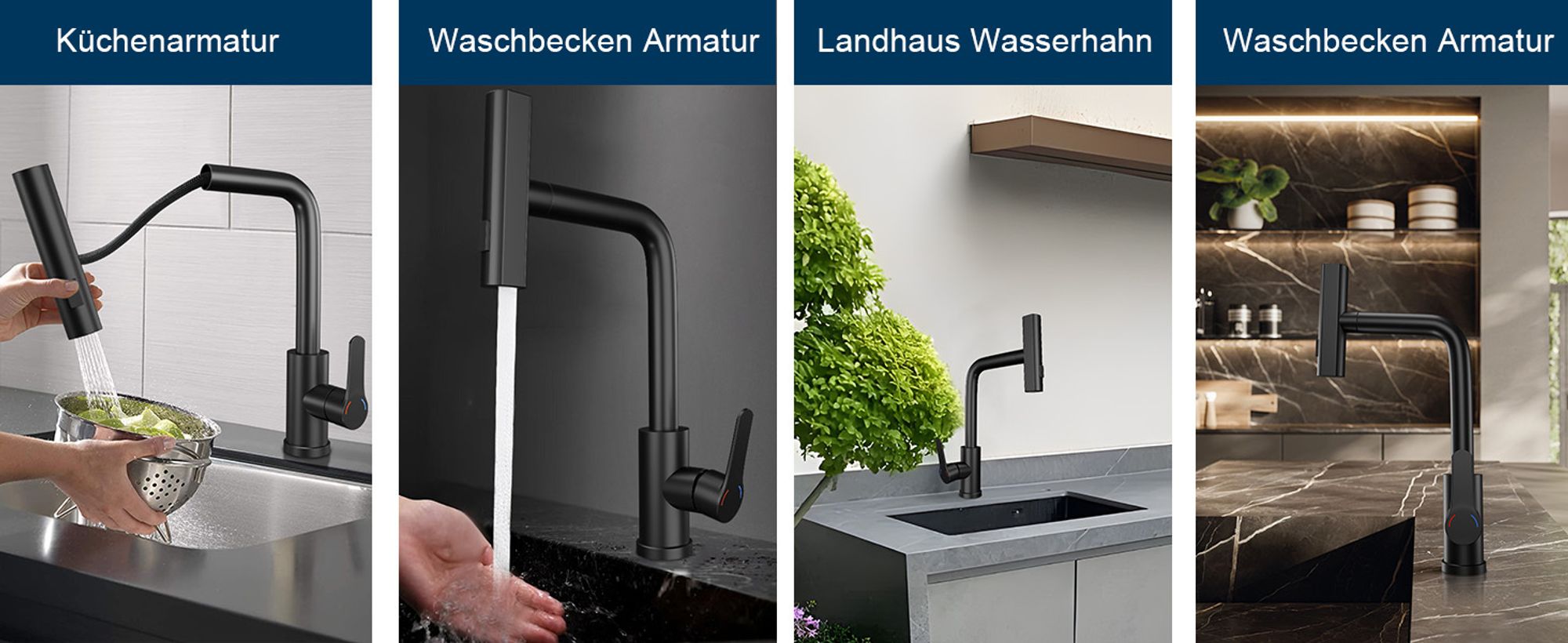 ZMH Wasserhahn Küche Küchenarmatur Schwarz Waterfall Spültischarmatur Ausziehbar mit Brause Mischbatterie Spüle 360° Drehbar Armatur Edelstahl mit 3 Strahlarten Küchenwasserhahn