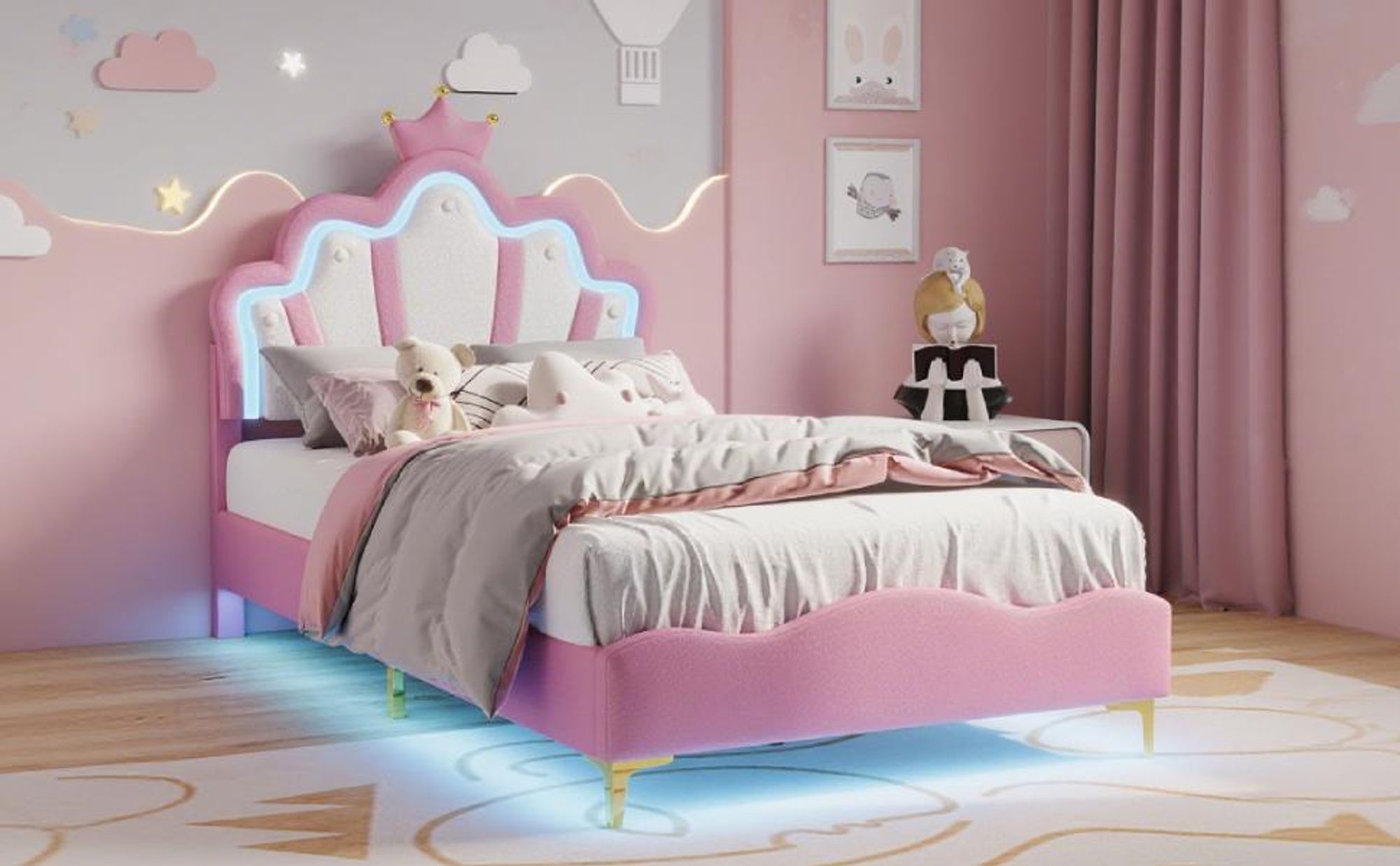 Kinderbett Polsterbett 90x200 cm, Prinzessin Einzelbett mit LED-Beleuchtung, Mädchen Jugendbett mit Kronen-Design und verstellbarem Kopfteil, PolyurethanRosa
