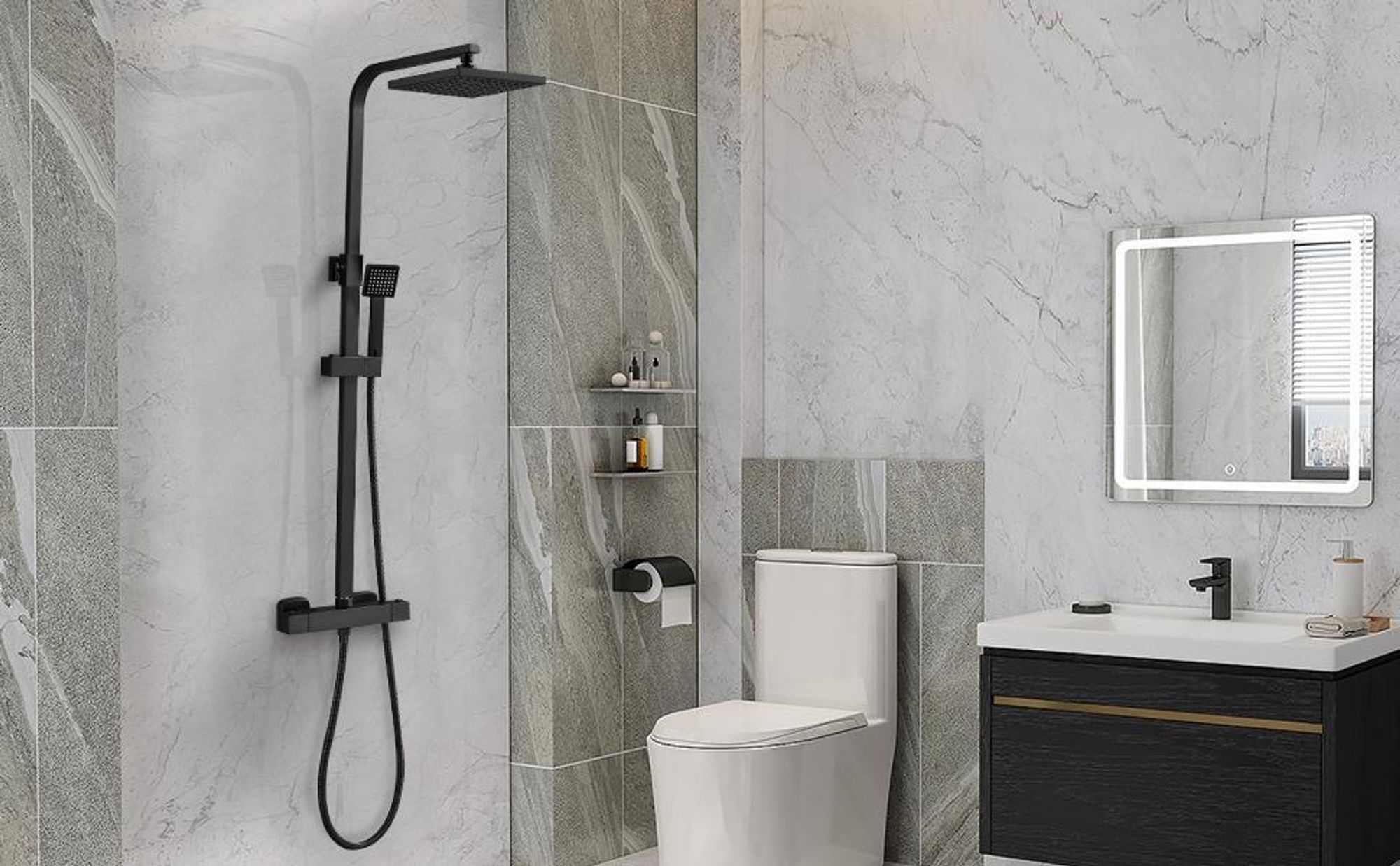 STANEW Duscharmatur mit Thermostat, 70-115 cm Höhenverstellbar, Regendusche (200 x 200 mm) mit Handbrause (2 Strahlarten), Schwarz