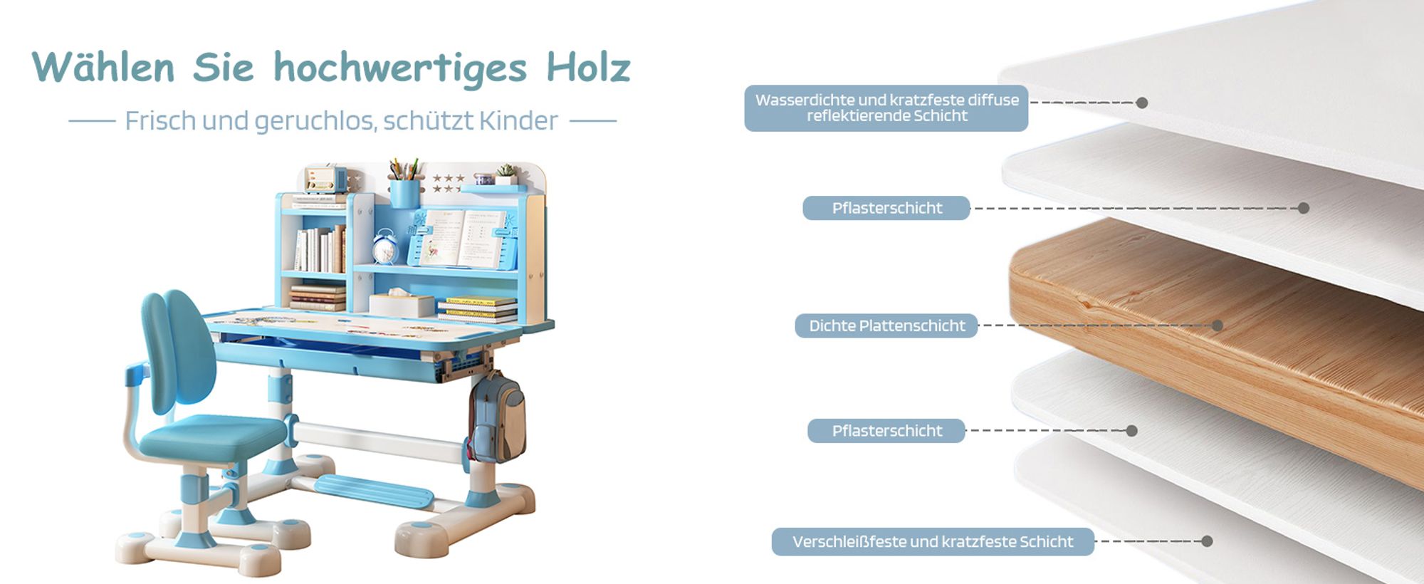 2Pcs/Set Kinder Studie Schreibtisch Stuhl Set, höhenverstellbar Kinder Schule Studie Tisch Stuhl Set mit Sitzkorrektor, mit Buch Stand, Fußpedal Blau