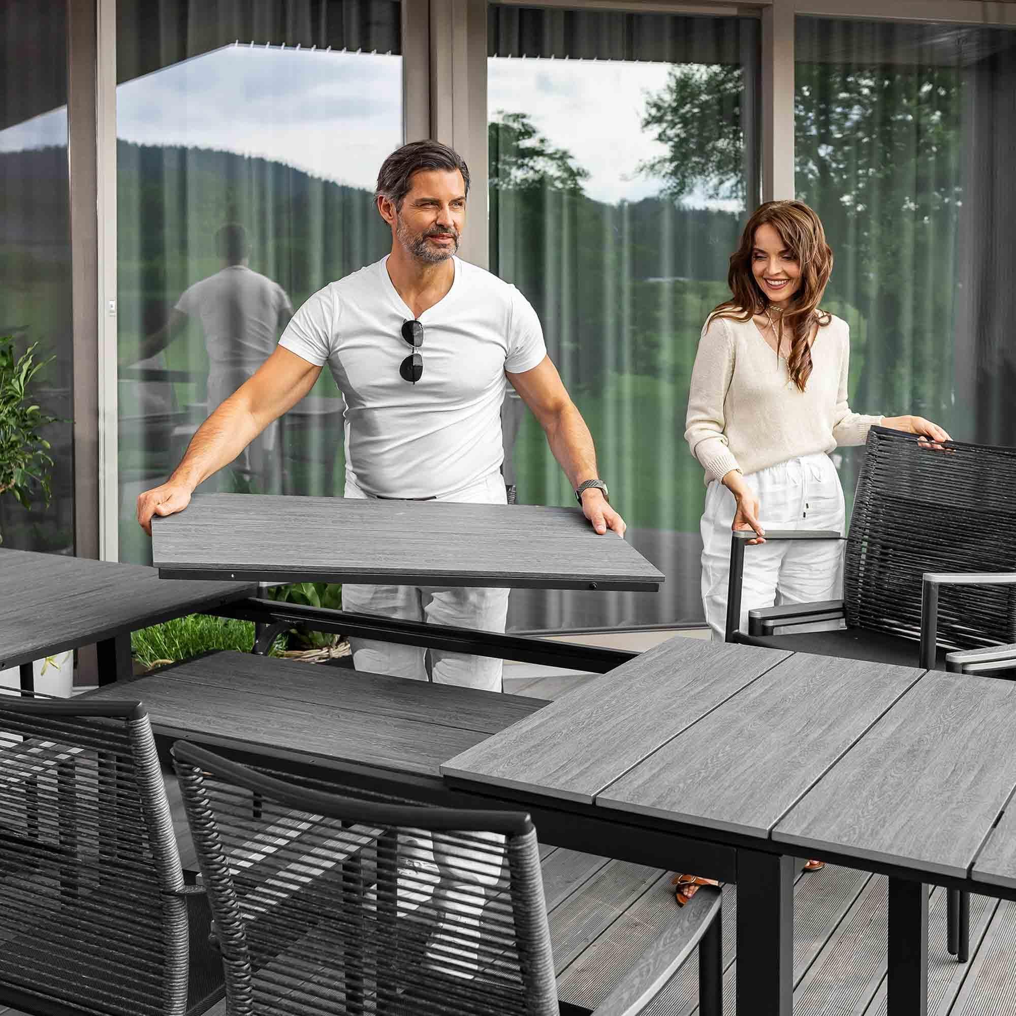 di volio Gartentisch BARLETA aus Aluminium in Holzoptik 200/250/300 cm (grau)