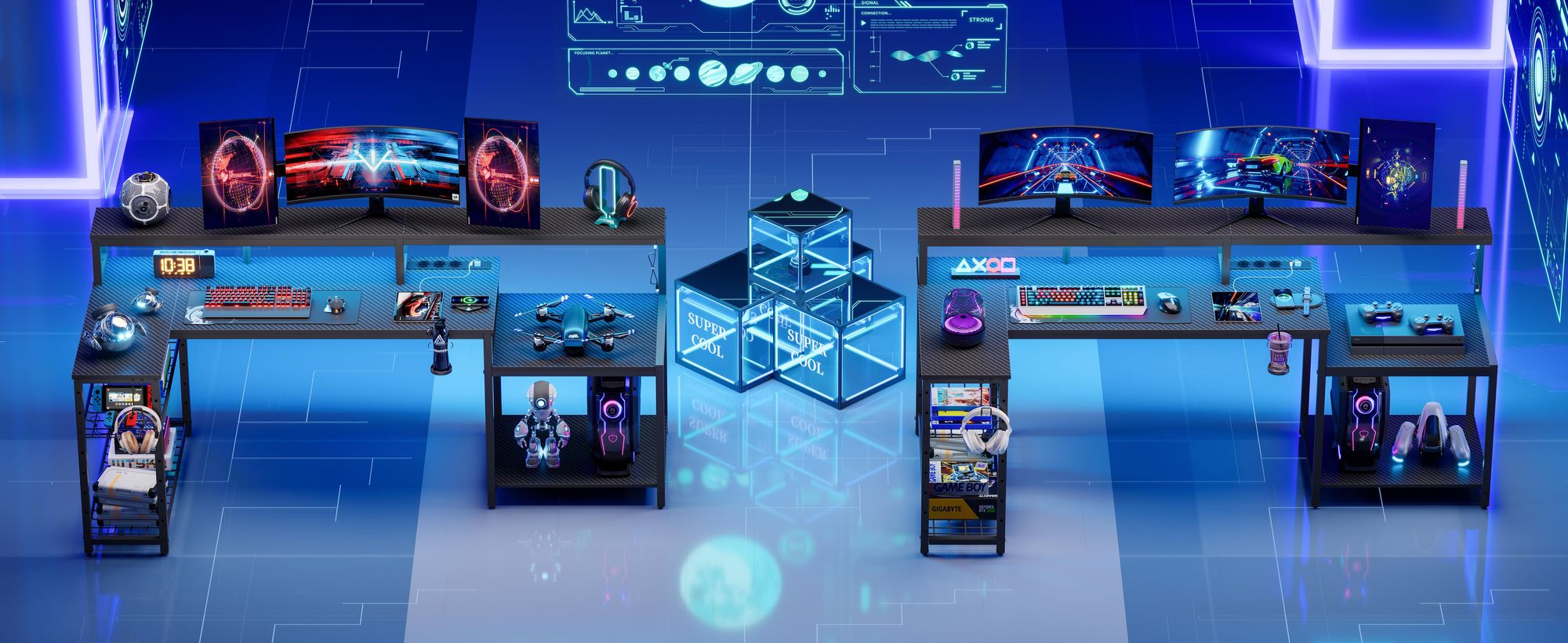 Bestier Computertisch, Gamer Schreibtisch L-Förmig mit LED Beleuchtung, Schreibtisch, Steckdose & USB -Eckschreibtisch 181x80cm - Kohlefaser