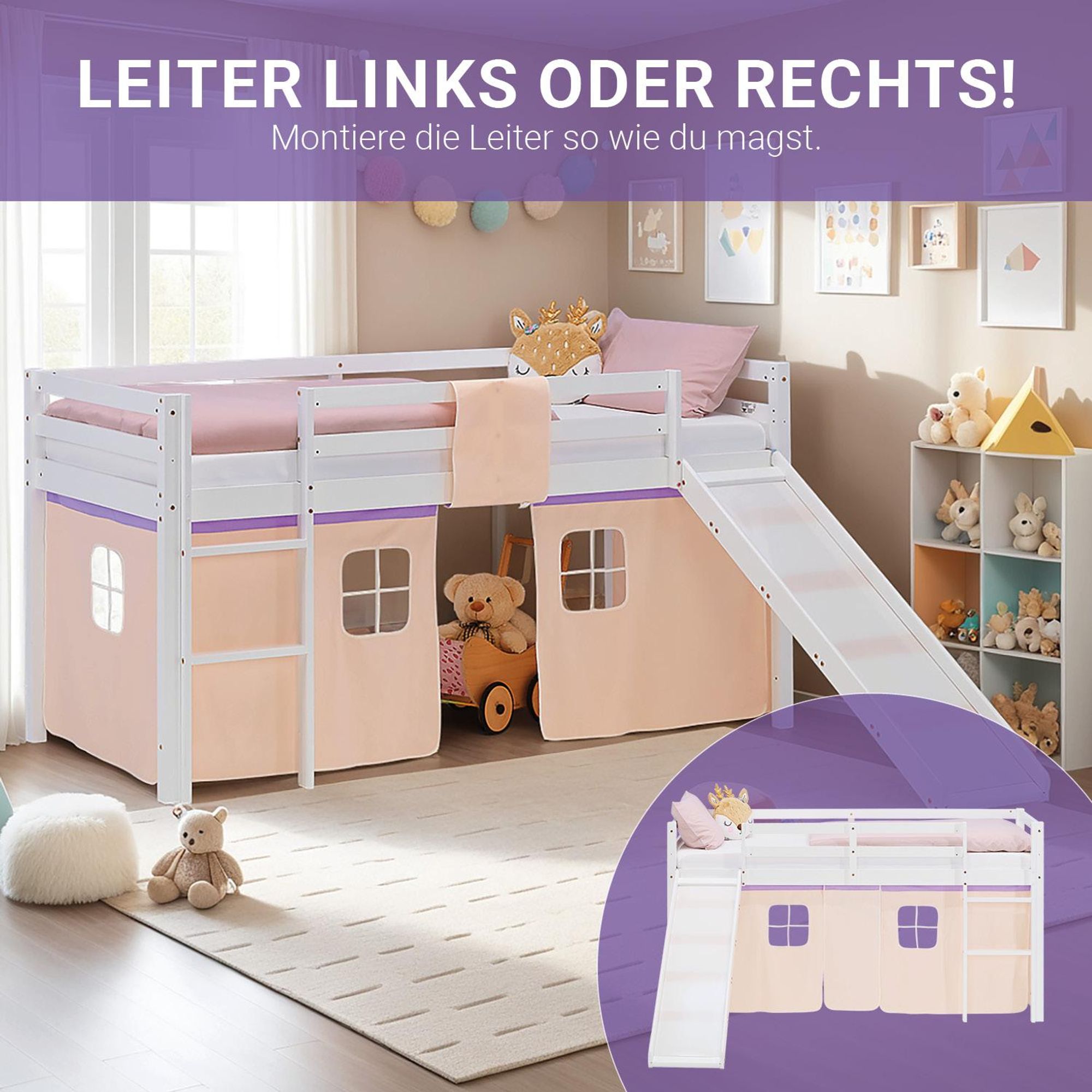 Die Rutsche vom Bett ist links oder rechts montierbar.