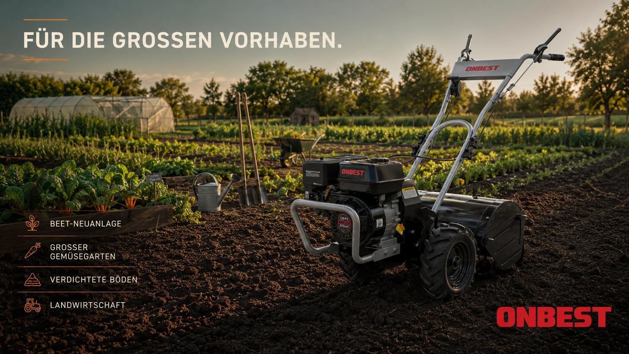 ONBEST Gartenfräse Benzin T4150  | 53 cm Arbeitsbreite | 5,6 PS | 35 cm Arbeitstiefe | 12 Hackmesser
