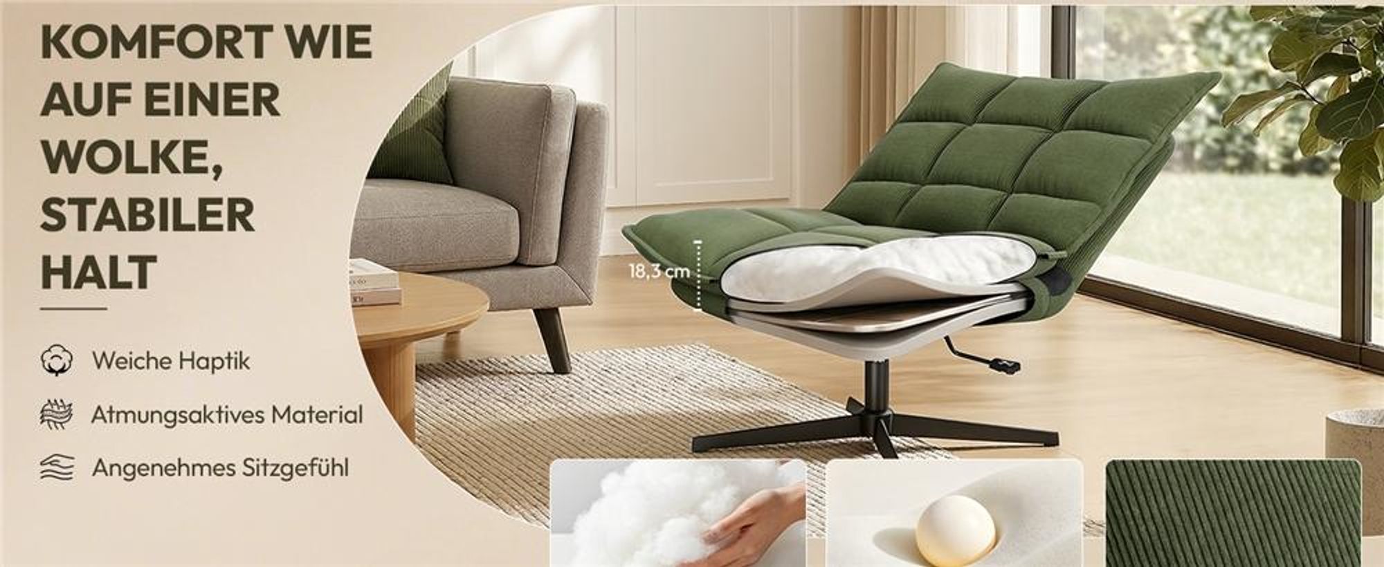 Yaheetech Bürostuhl mit breiter Sitzfläche aus Cordstoff, drehbarer Sessel Loungesessel, neigbar, höhenverstellbar, ohne Armlehnen & Rollen, Grün