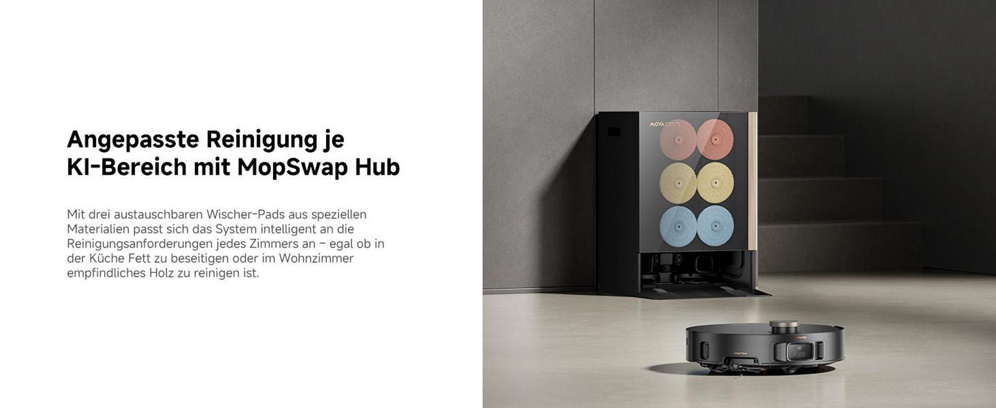 MOVA MOBIUS 60 Saugroboter – MopSwap™, 30.000 Pa, dynamisches Saugrückhaltesystem, 8 cm Hindernis, flexible Navigation, 100 °C PTC für Waschbretter