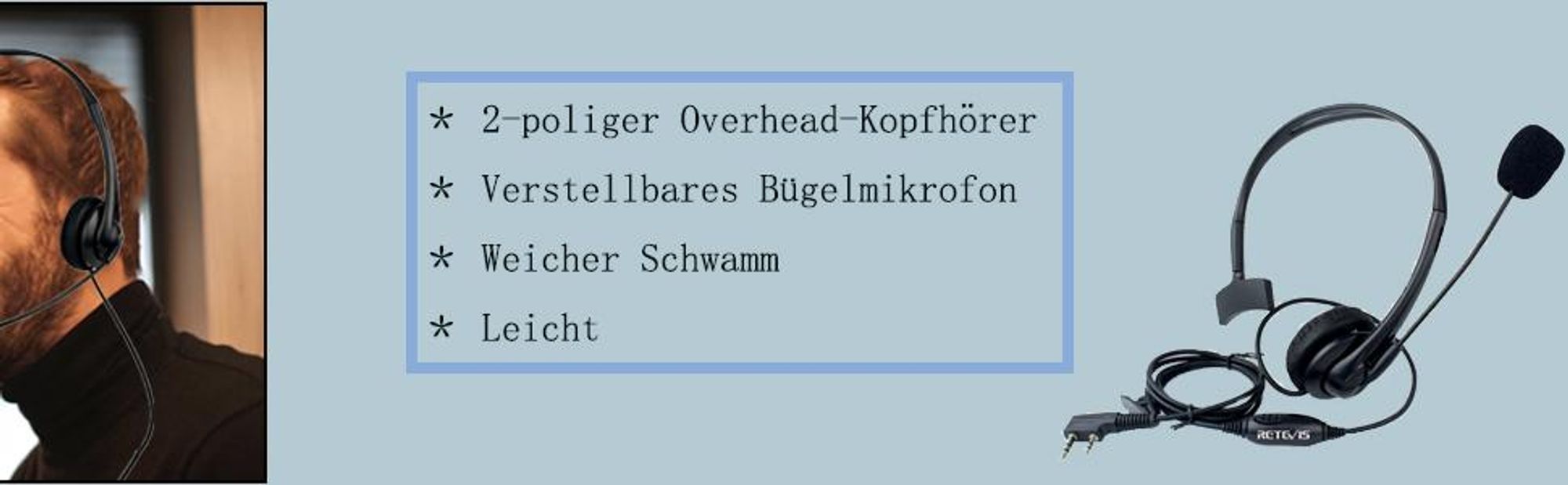 Retevis 2 Pin Funkgeräte Headset PTT Einstellbar mit Swivel Boom Lautsprecher Mikrofon Kopfhörer Kompatibel mit Walkie Talkie RT24 RT22 RT27 RT1 RT5 BF-88E BF-888S Kenwood (1 STK)