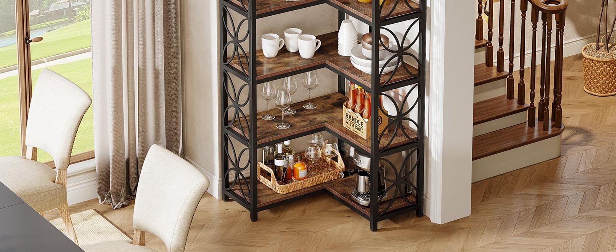 Tribesigns Bücherregal, 7-stöckiges hohes Eckbücherregal aus Holz mit Metallrahmen, freistehendes Eckregal Wohnzimmer, Küche, rustikales Braun Schwarz