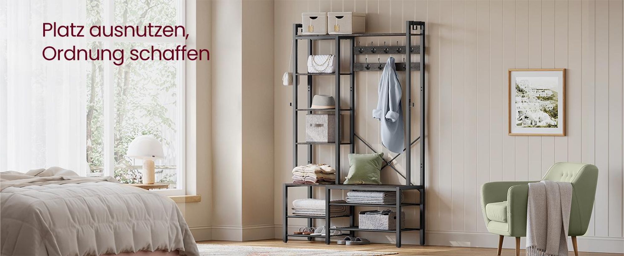 VASAGLE Garderobenständer mit Schuhbank, 5 Regalebenen, 9 Dreifach-Haken, 6 seitliche Haken, 40x120x190 cm, Steingrau-Tintenschwarz