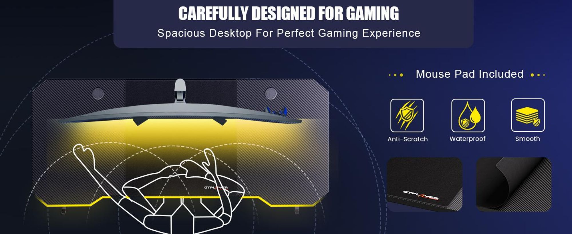 GTPLAYER 120 x 60cm Gaming Tisch, Gaming Schreibtisch mit Mauspad, PC Tisch Gamer Tisch Computertisch mit Kopfhörerhaken Schwarz