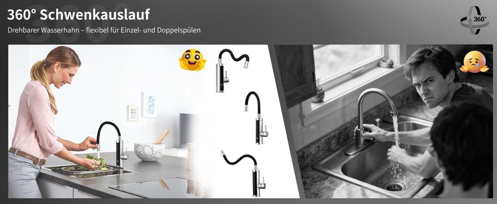 Homelody Elektrischer Wasserhahn mit Durchlauferhitzer 220V 3300W, Armatur Küche 304 Edelstahl mit 360° Flexibler Schlauch LED Temperaturanzeige