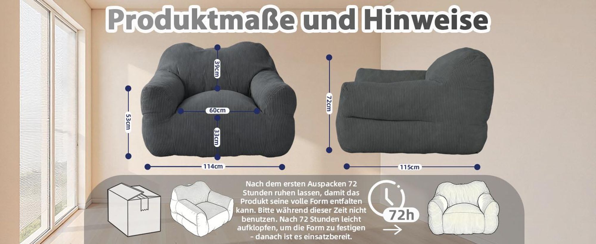 Übergroßer Sitzsack für Erwachsene, Füllung aus Schaumstoffflocken, flauschiges Bodensofa, quadratisch, Grau