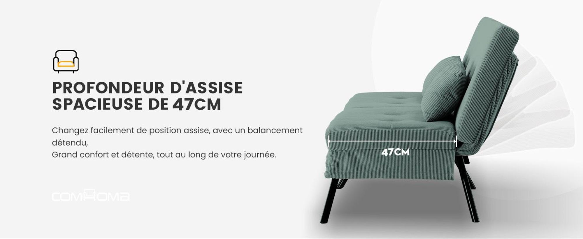 COMHOMA Canapé convertible avec fonction sommeil, canapé pliant, canapé-lit, canapé d'angle, canapé-lit, canapé 3 places, avec dossier réglable en tissu velours côtelé