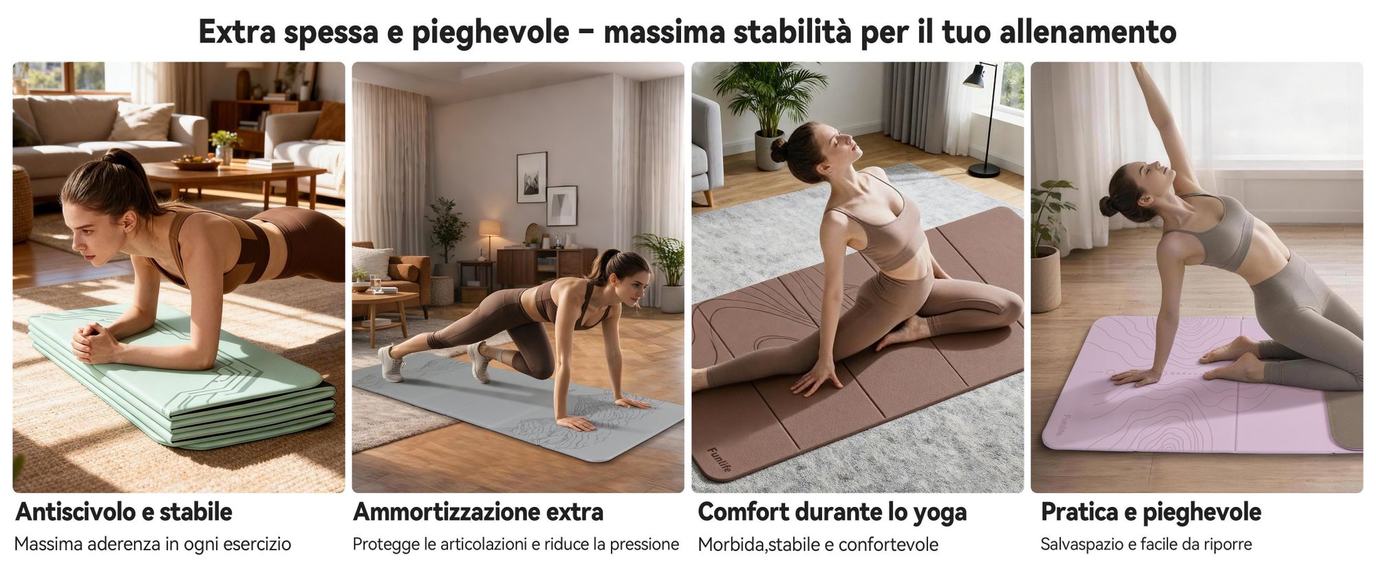 Tappetino yoga FunLife XXL 190x66 cm – 10 mm, extra spesso e pieghevole, tappetino antiscivolo per yoga, pilates e ginnastica, ideale per uso interno