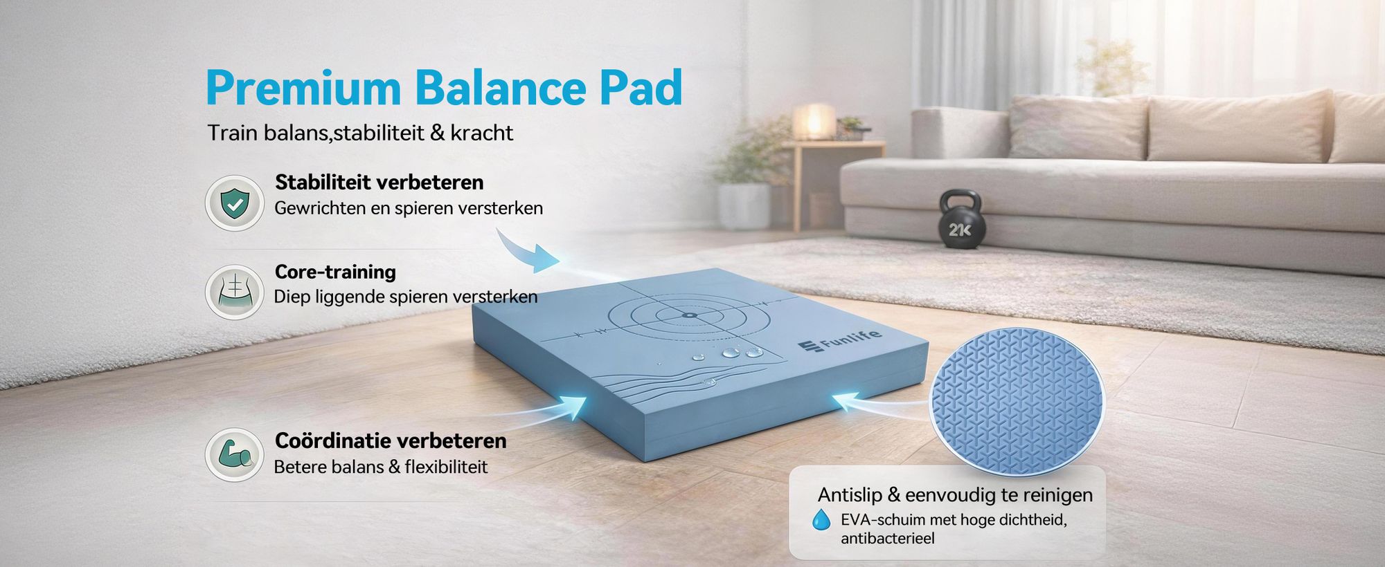 FUNLIFE Balance Pad 40x40x5 cm – Evenwichtskussen voor fitness, yoga en fysiotherapie, balance trainer voor stabiliteit, antislip tot 150 kg, groen