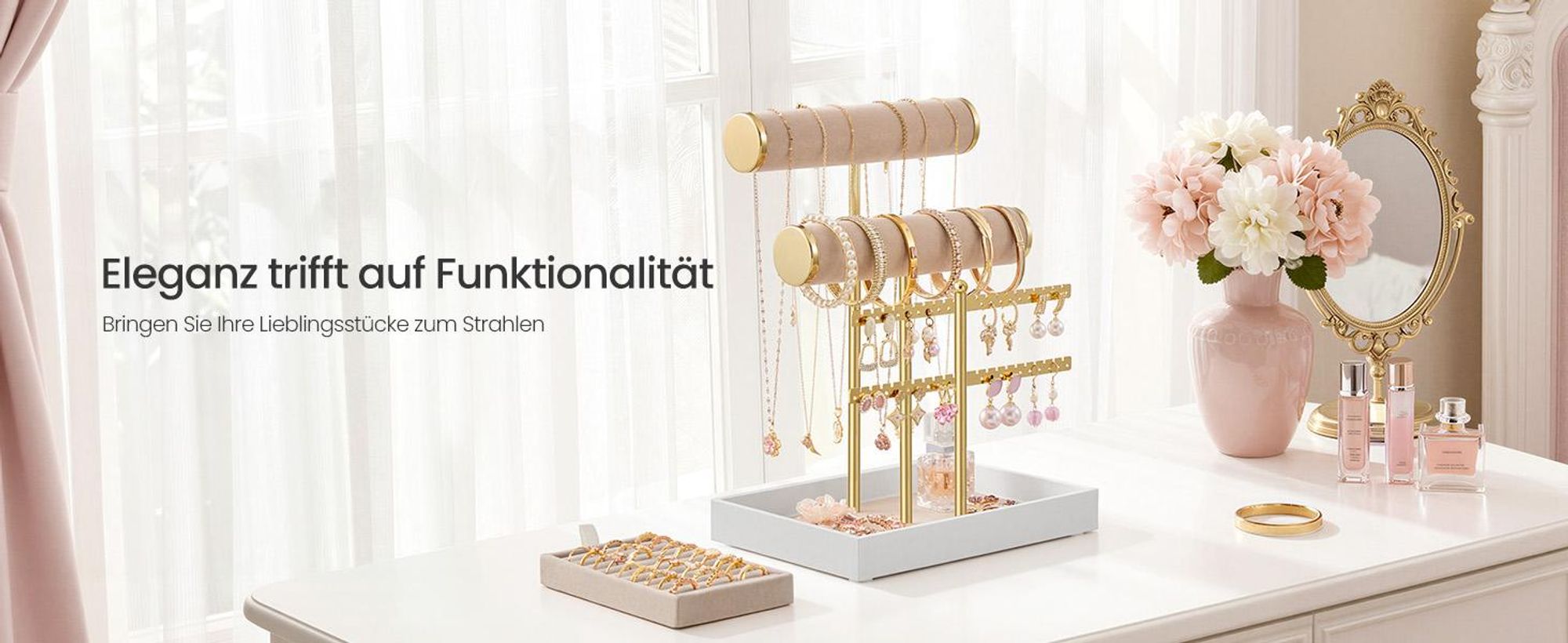 SONGMICS Schmuckständer mit abnehmbarem Ringhalter, Schmuck-Organizer, Tablett aus Plüsch, gold-beige