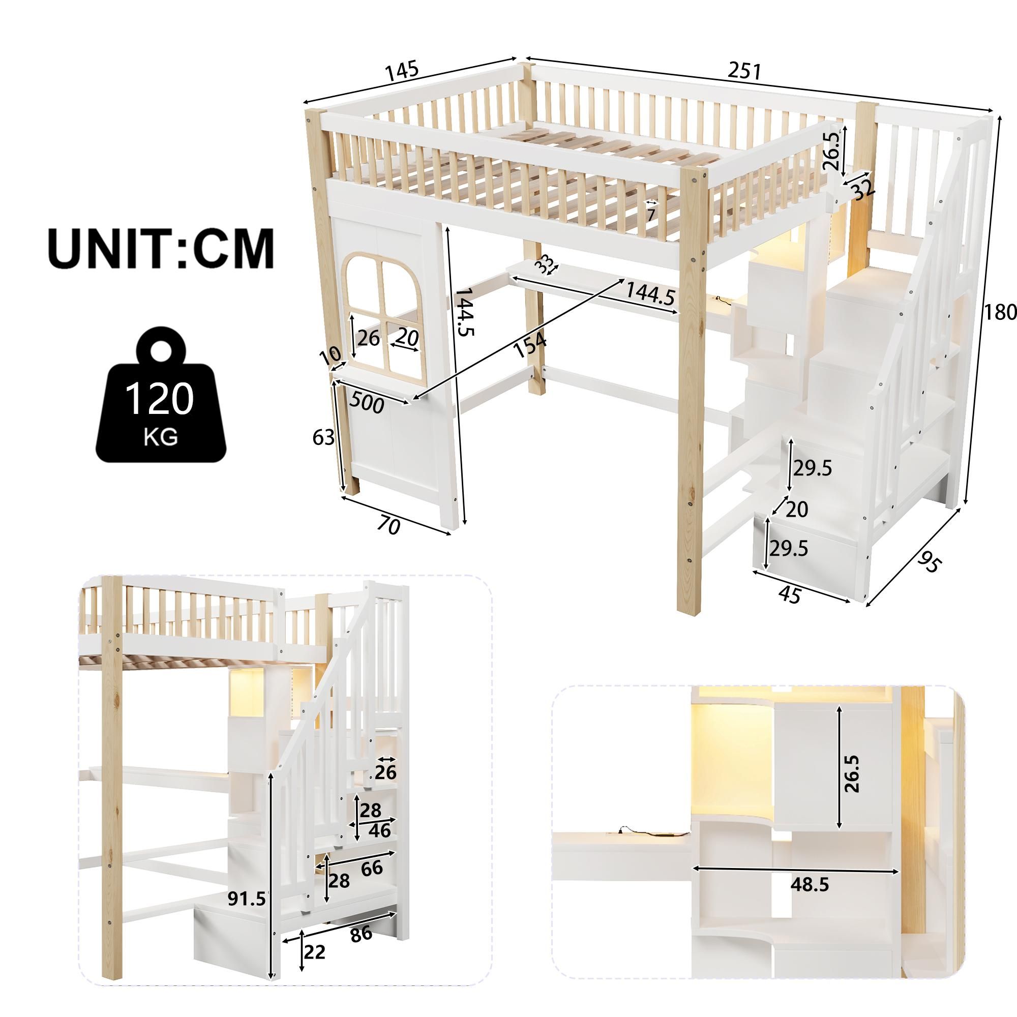 Flieks Etagenbett 140x200cm mit Schreibtisch und Ladefunktion, Kinderbett Hausbett mit Regal, Hochbett Doppelbett mit Led, Stockbett Naturbelassen