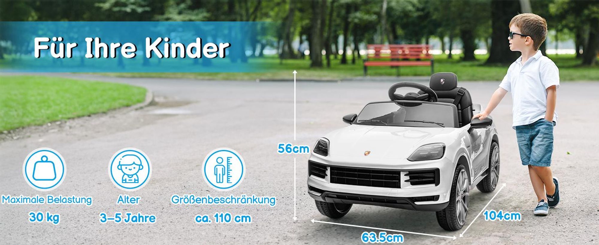 FCH Kinder Elektroauto 12V Kinderauto Elektrisch 2,4G-Fernbedienung, Porsche Cayenne Elektrofahrzeuge mit MP3, Musik, Hupe, LED-Leuchten (Weiss)