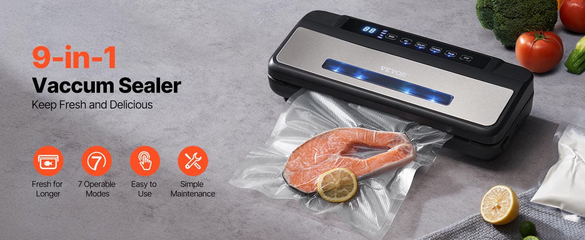 VEVOR Vakuumiergerät, 80 Kpa, 120 W, 7-in-1-Multifunktions-Vakuumierer für Lebensmittel,  mit 10 Vakuumbeuteln und 1 Beutelrolle