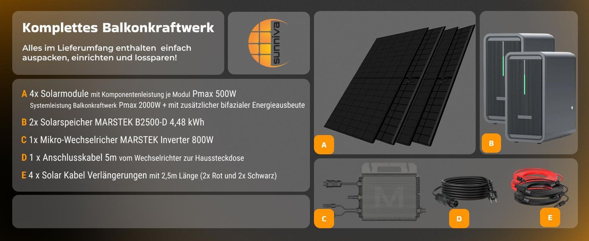 SUNNIVA® 2000W Balkonkraftwerk mit 4.48 kWh Speicher MARSTEK 2x B2500-D, 4x 500W BIFAZIAL FULLBLACK komplett Steckdose, PV Solaranlage + Solarspeicher