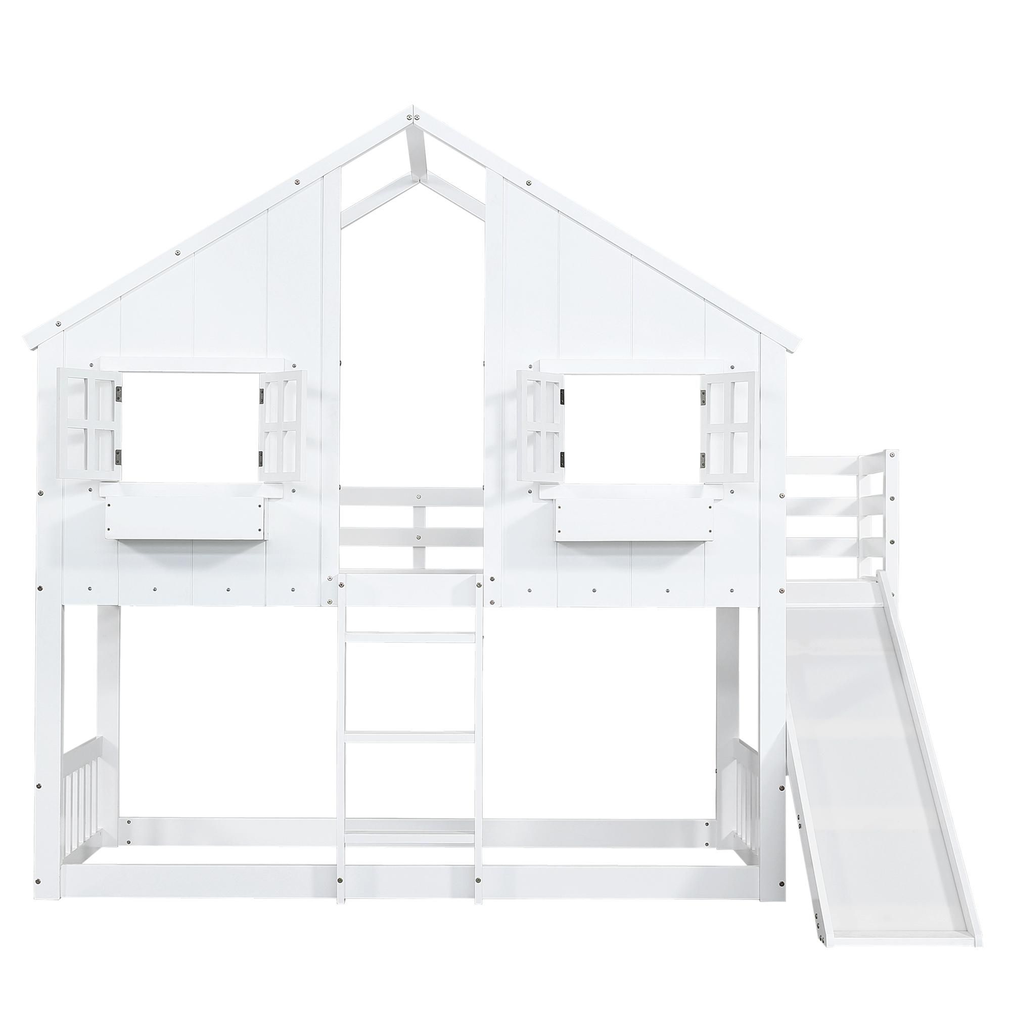 Flieks Etagenbett 90x200cm mit Rutsche, Kinderbett Hausbett mit Fenster und Staufach, Hochbett Stockbett Einzelbett Holzbett mit Lattenrost, Weiß