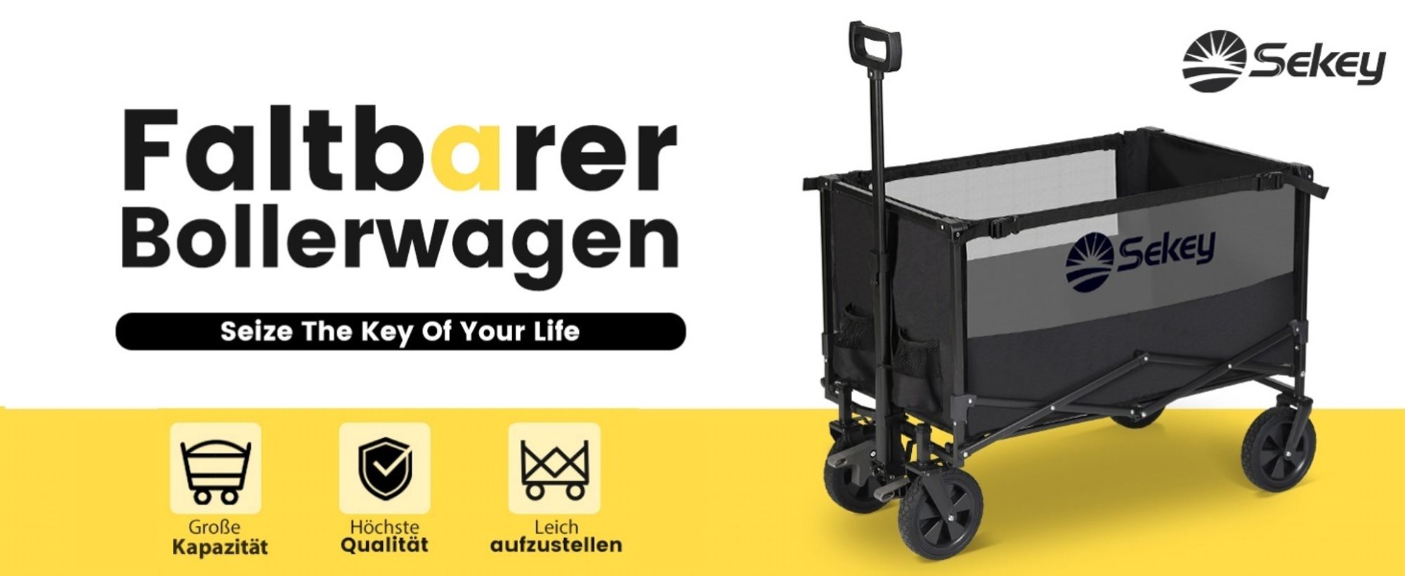 Sekey Bollerwagen Faltbar Offroad, 160L Handwagen belastbar bis 150 kg, Schwarz und Grau