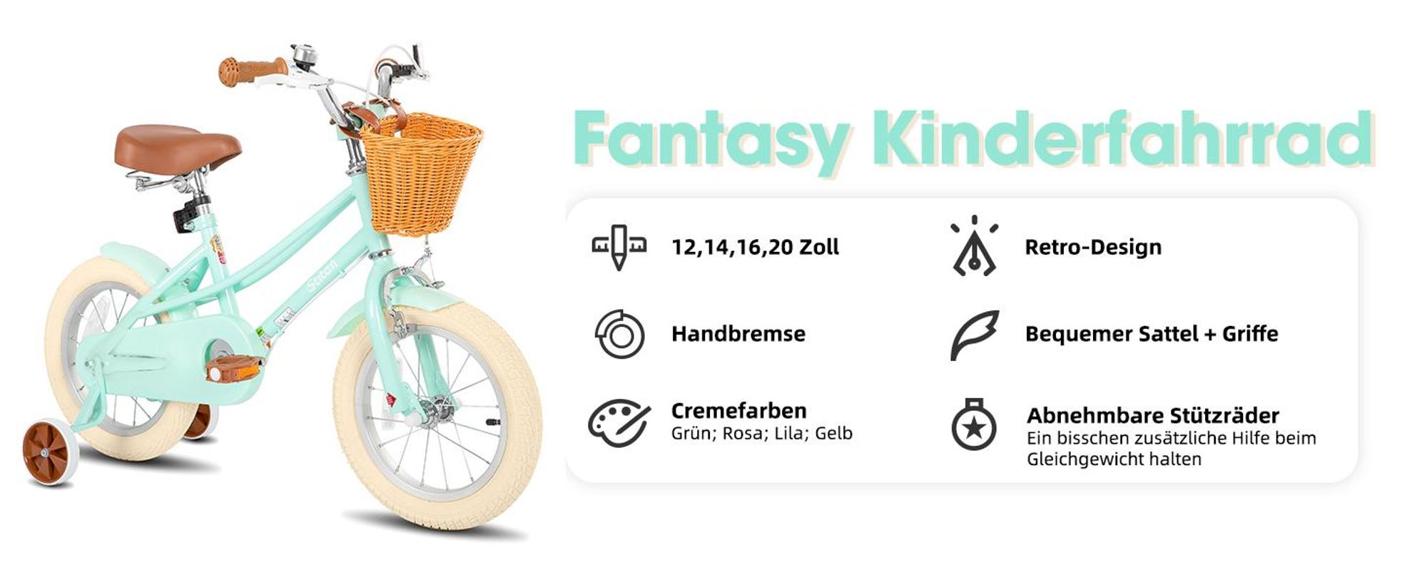 STITCH 12/14/16/18/20 Mädchenfahrrad für 2-13 Jahre alte Kinder, 12" 14" 16" Kinderfahrrad mit Stützrädern & Korb, Kotflügel 20 Zoll mit Ständer, Gelb