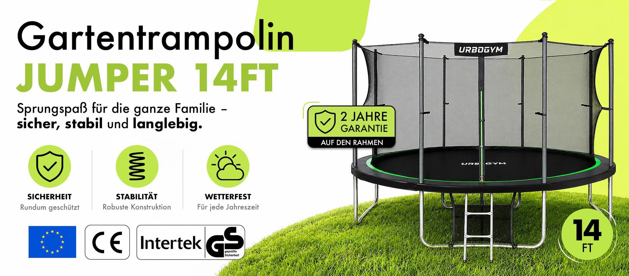 URBOGYM Trampolin JUMPER 14FT Gartentrampolin für Kinder Komplett-Set mit Sicherheitsnetz, Leiter, Randabdeckung, Outdoor, Grün, robust, Ø 435 cm