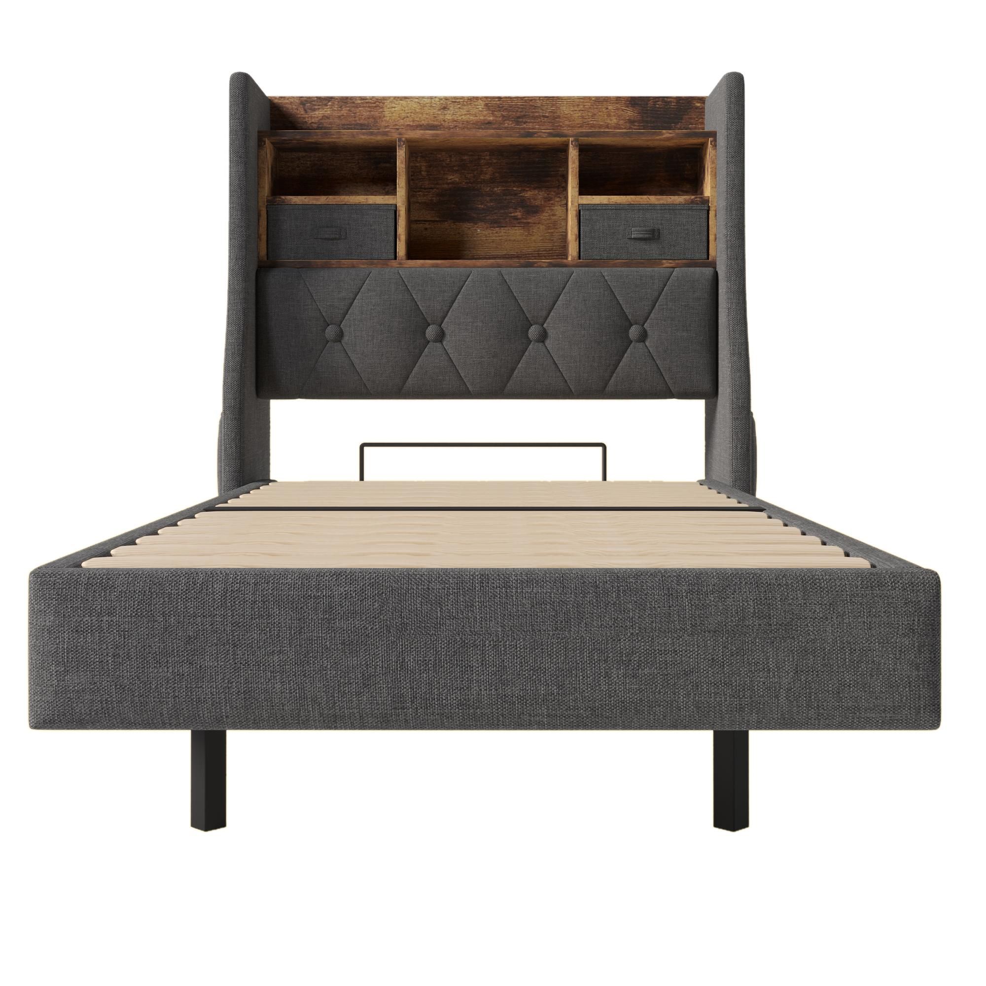 Flieks Polsterbett 90x200cm mit USb & Type-c, Einzelbett Jugendbett mit Led, Holzbett Stauraumbett mit Ablagen und Schubladen, Leinen, Grau
