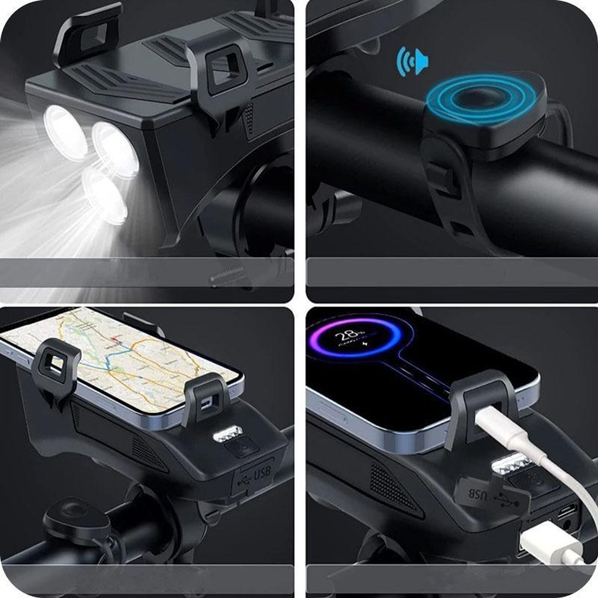 MUNDO® Fahrrad Handyhalterung mit Licht, Hupe und Powerbank – Wasserdicht, 400 Lumen LED Fahrradlampe, Halterung für Smartphones 4,6–6,3 Zoll