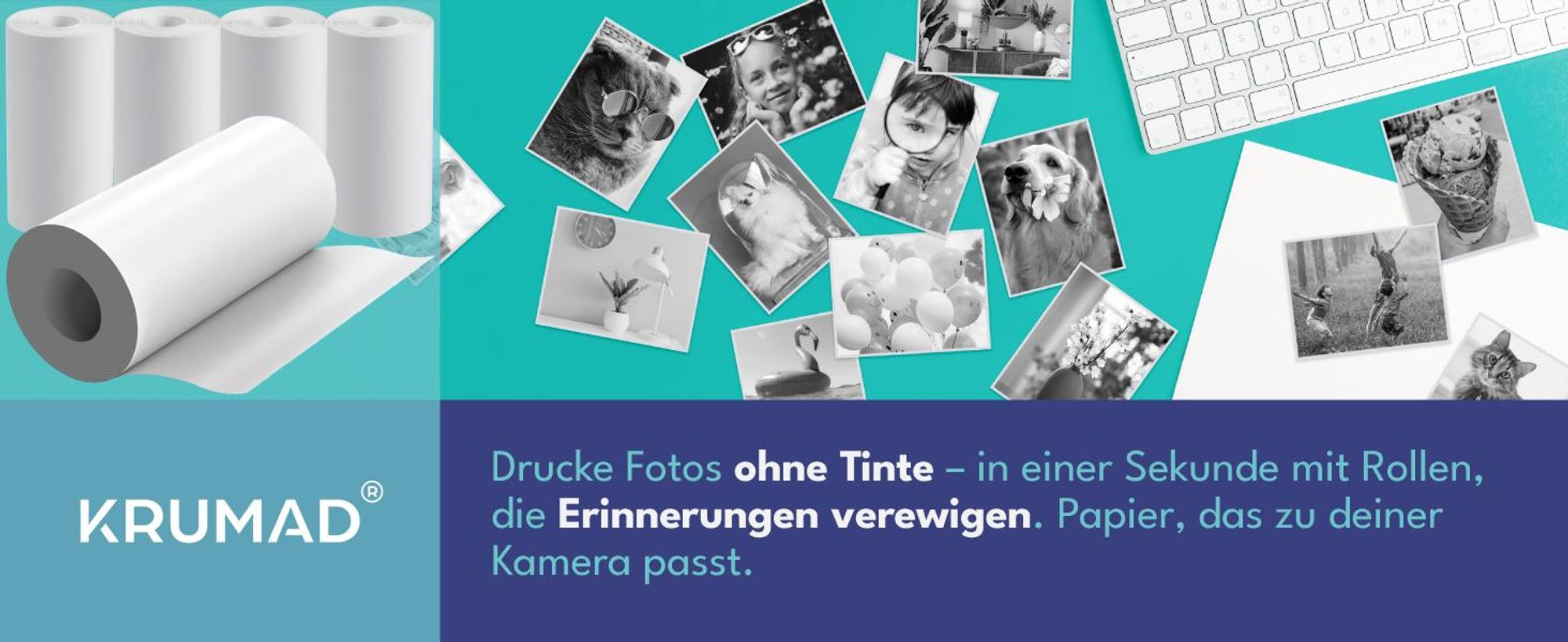 KRUMAD Thermopapier für Kinder Sofortbildkameras - 5 Rollen, 57x25mm - Tintenloses Fotodruckpapier für Kinderkameras - Ideal für Sofortbildkameras