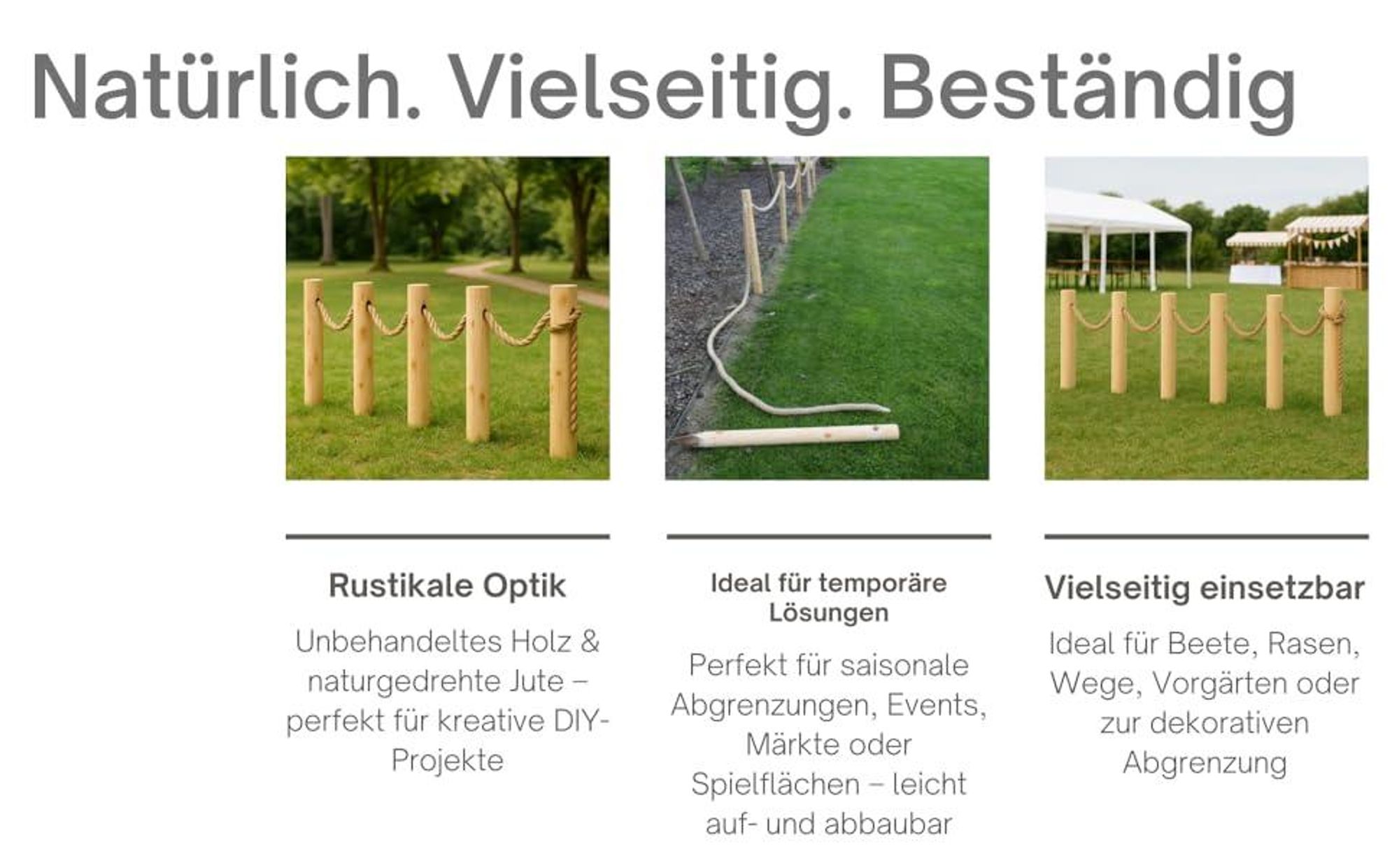 TIMBERMIK Holzzaun Set – 6 Holzpfosten Ø8x120 cm + 12 m Juteseil, Gartenzaun, natur, unbehandelt, Staketenzaun