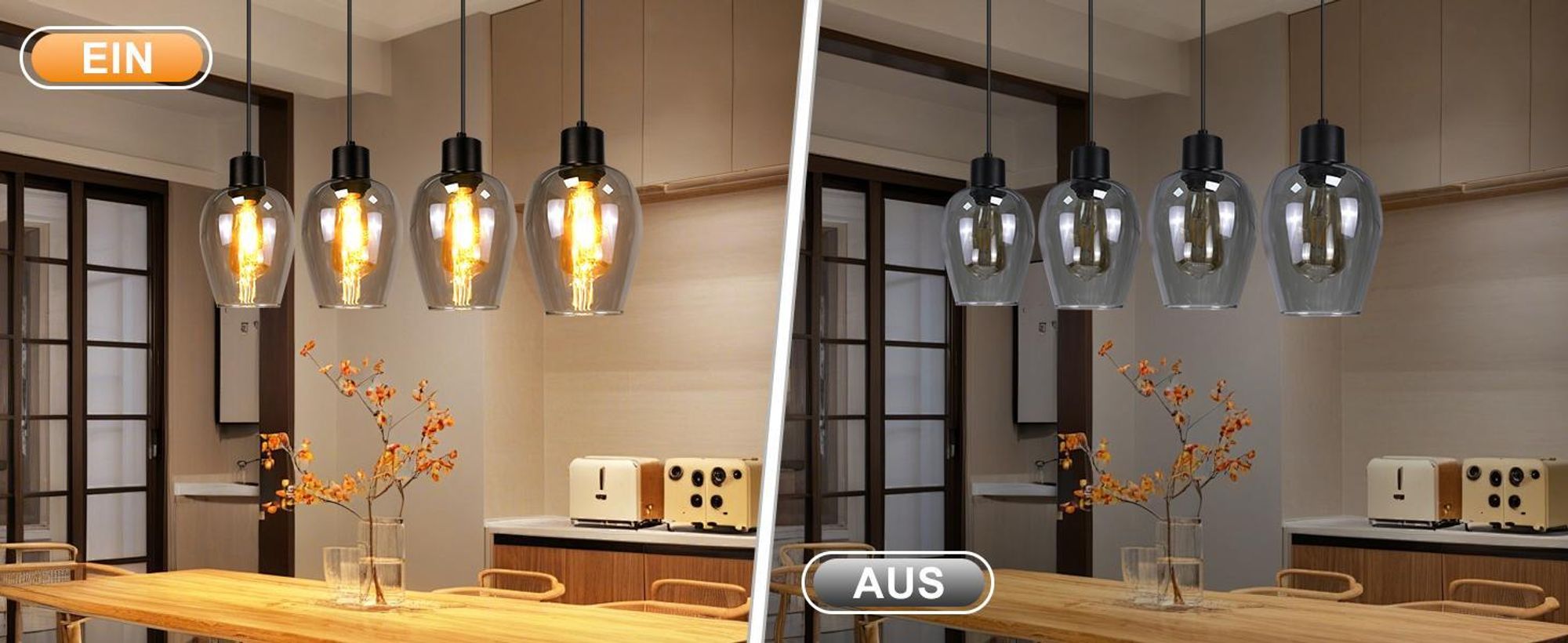 ZMH Pendelleuchte 4 Flammig Hängelampe Schwarz - Pendellampe E27 Vintage Hängeleuchte Glas für Esstisch Esszimmer Kücheninsel Hotel Wohnzimmer Ohne Lichtquelle