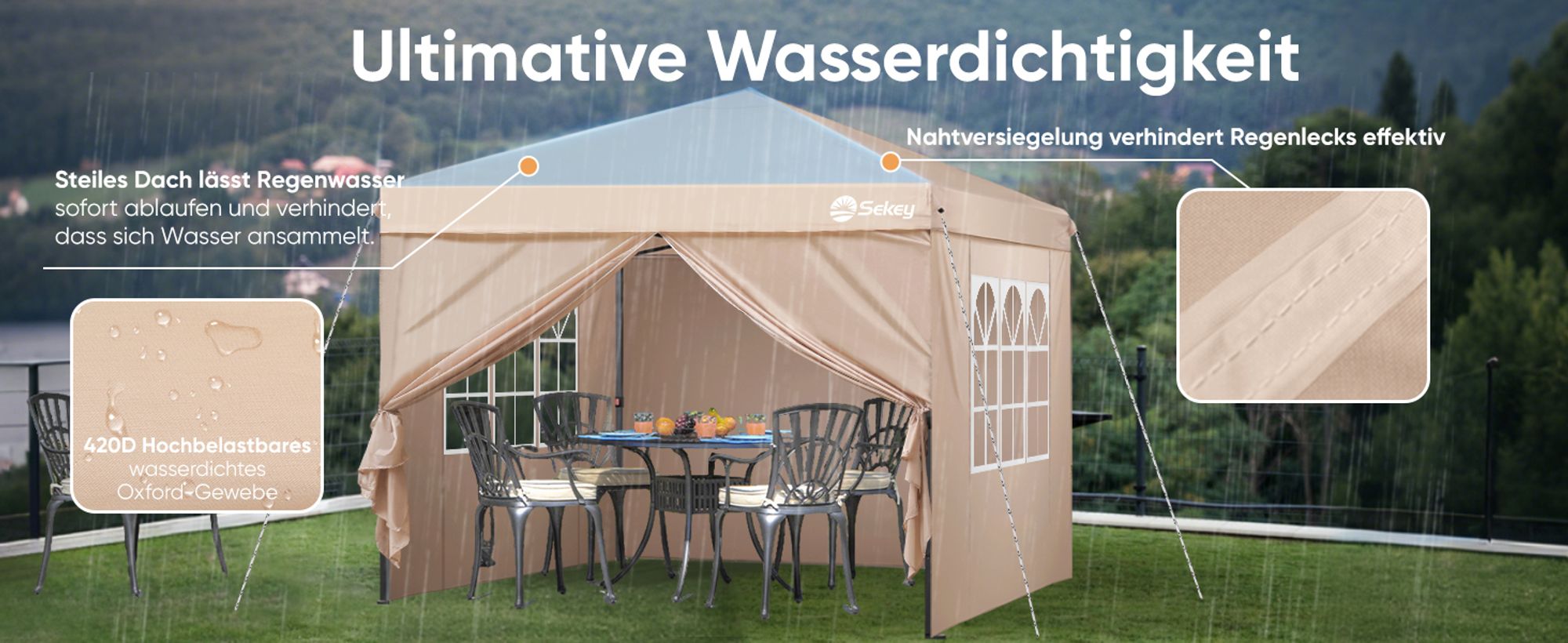 Sekey Faltpavillon 3x3 mit 4 Seitenwänden und mit 4 Sandsäcke, Wasserdicht Pop Up Pavillon für Camping, Festival, Events, Picknicks, Taupe