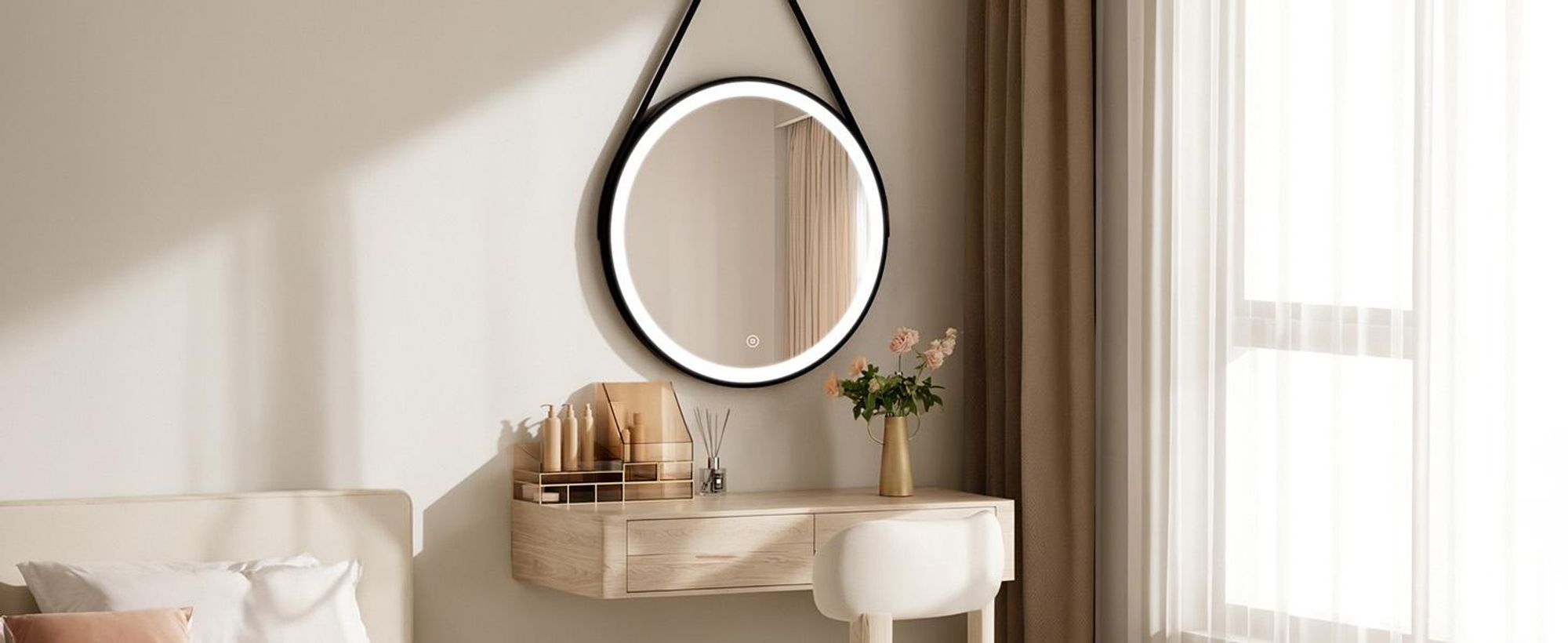 S'AFIELINA Specchio da bagno da 60 cm con illuminazione Specchio da bagno rotondo a LED con luce bianca fredda e tattile Cornice nera Cintura in pelle regolabile