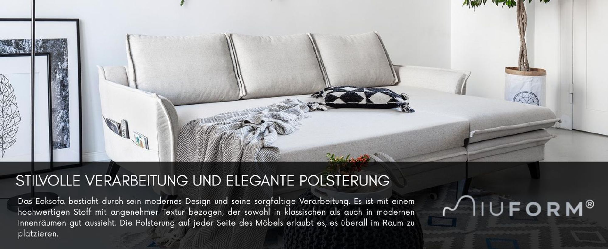 MIUFORM Charming Charlie - Ecksofa mit Bettfunktion und Bettkasten L-FORM RECHTS - 228x150cm - Dunkelgrau - Sofa Schlafsofa Couch