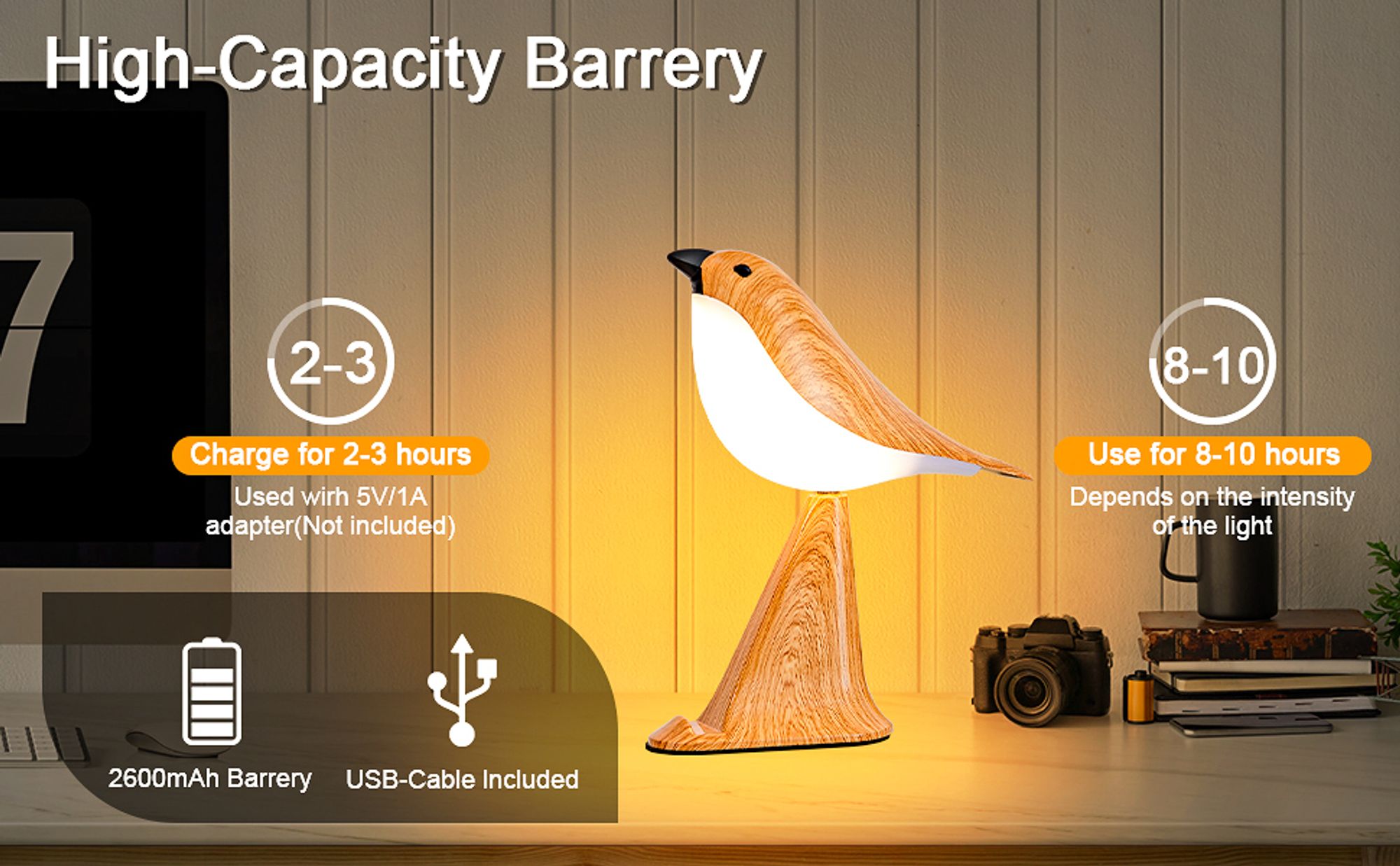 Kleine Vogeltischlampe,2600mAh USB kabellose Lampe,3 Farbtemperaturen,Smartphone Halterung,Aroma Diffusor,Vogelklang,tragbare Nachttischlampe(Gelb)