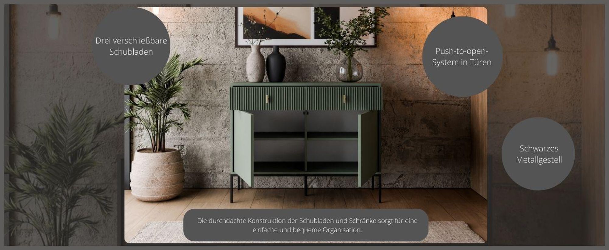 Kommode MIDNIGHT 2D2S mit zwei Schubladen auf Gestell Grün