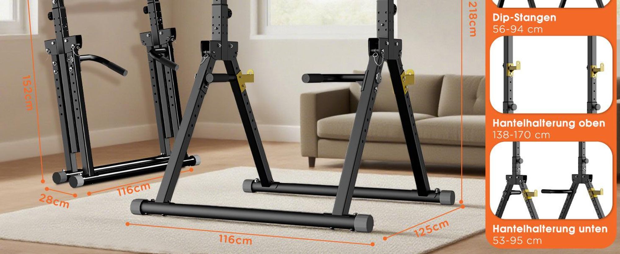 DH FitLife Power Tower Faltbar | Freistehende Klimmzug- & Dip-Station bis 150 kg mit Hantelablagen | Kraftstation Kraftturm für Zuhause
