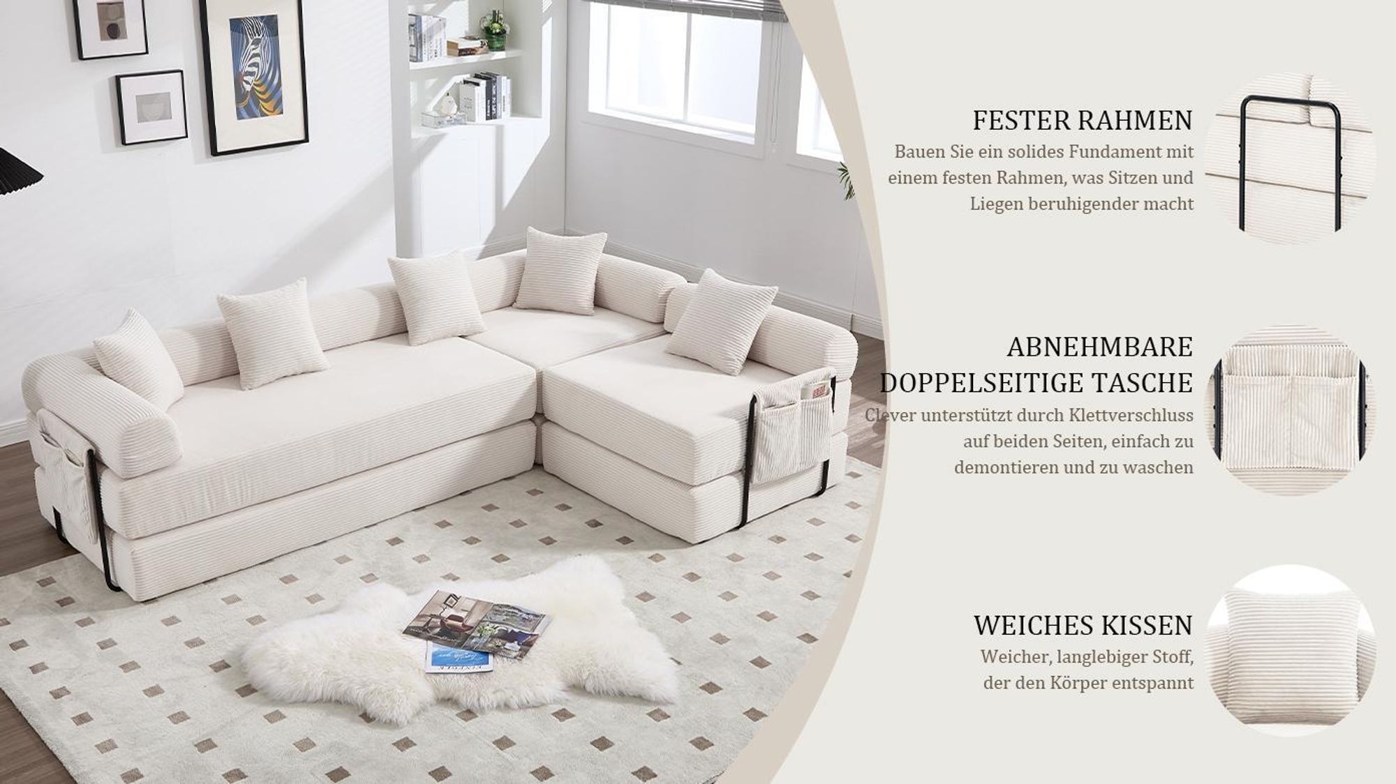 LVHOM Modulares Schlafsofa aus Cordstoff, 7 in 1 Klappbares Polstersofa, Tagesbett ohne Montage, Bodensofa mit Seitentaschen, Emerald